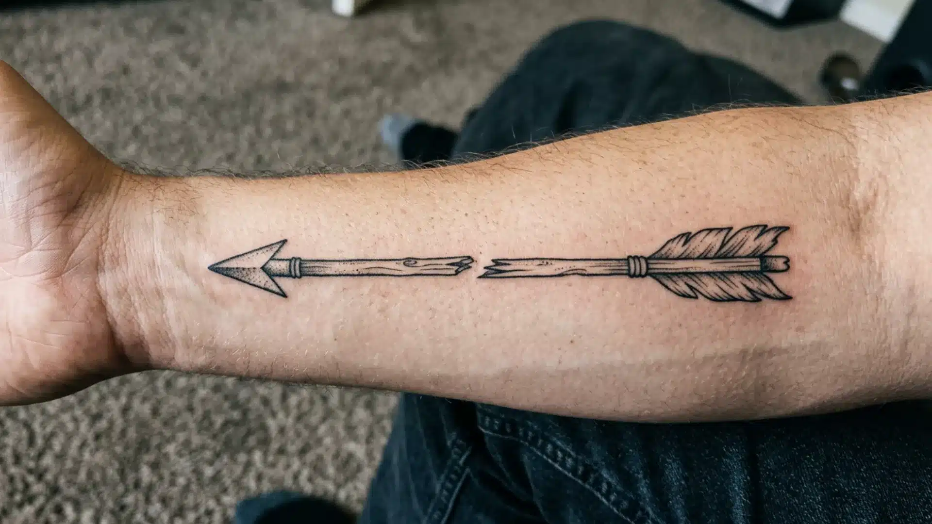 A detailed black ink tattoo of a broken wooden arrow along a man's inner forearm, pointing toward his wrist