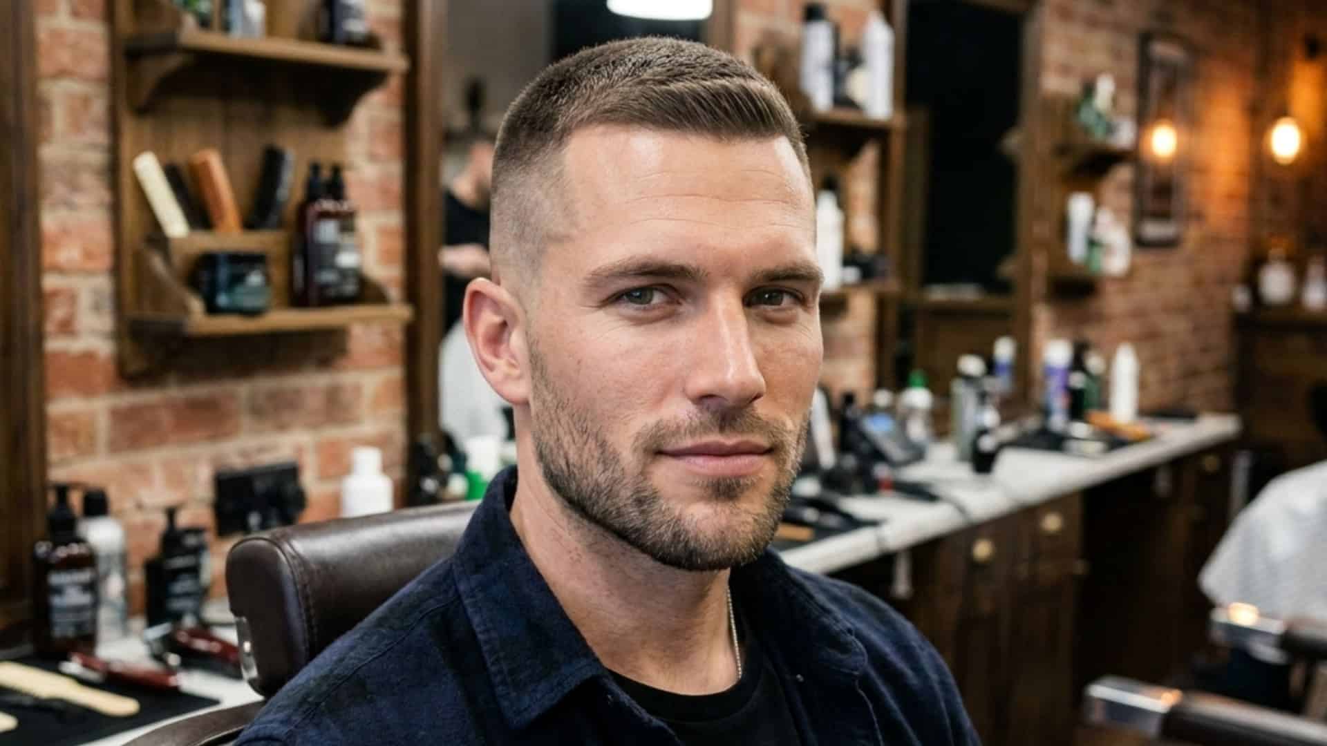 A handsome man with a high and tight cut and stubble sitting in a barber chair