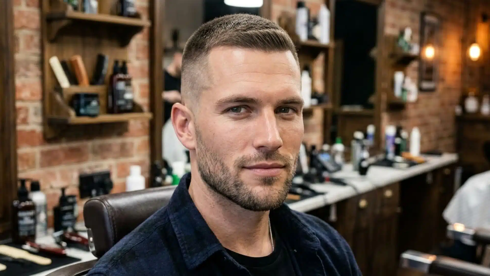 A handsome man with a high and tight cut and stubble sitting in a barber chair