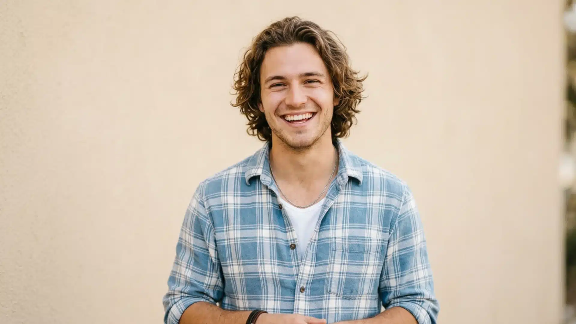 A joyfully smiling man in a plaid shirt showcasing a wavy, shoulder-length bro flow haircut outdoors