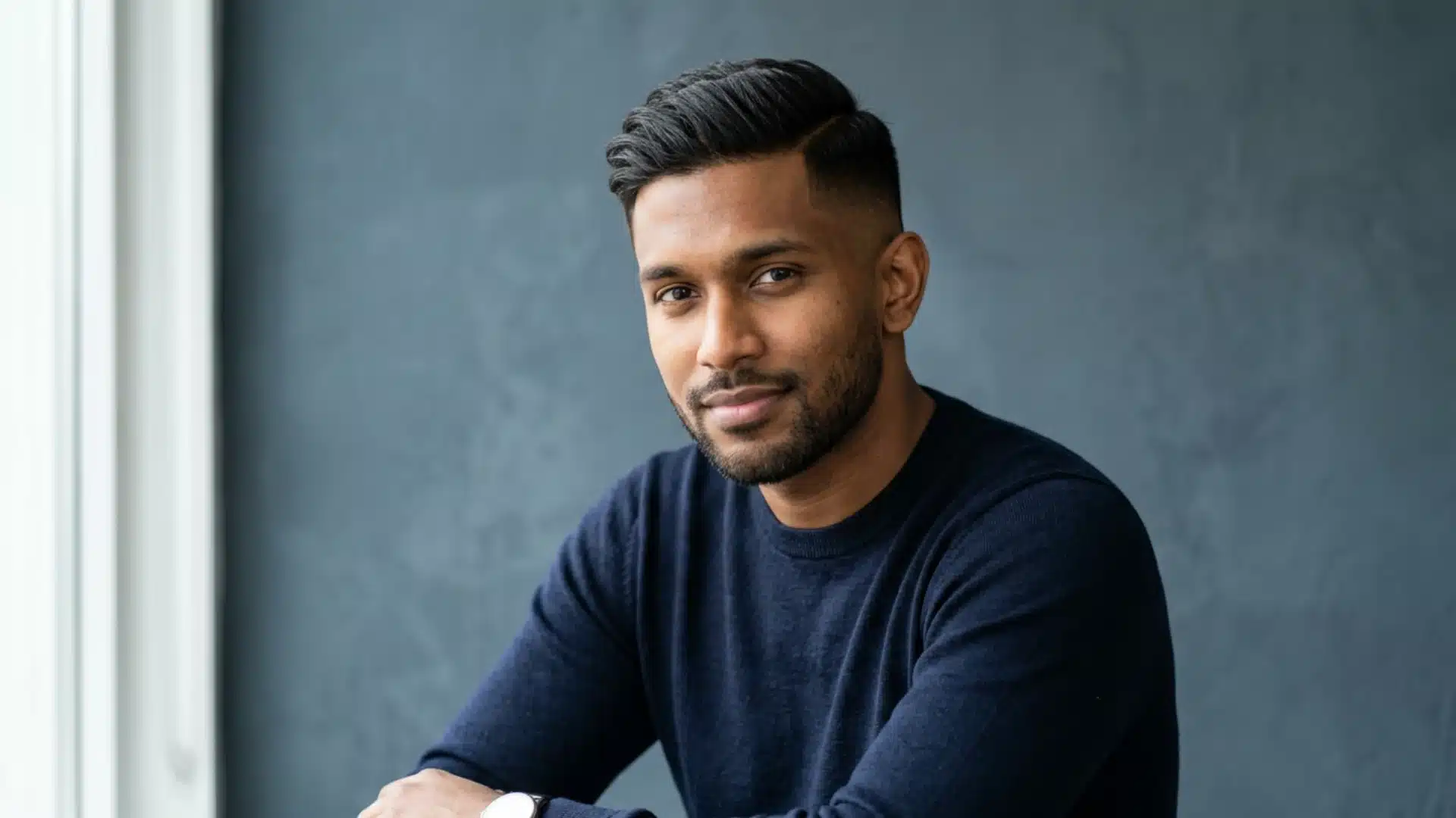 A low fade with side-swept hair.