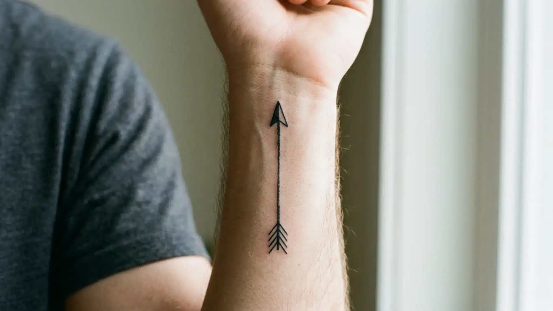 A minimalist black ink arrow tattoo on the inner wrist of a man, pointing upward toward his hand