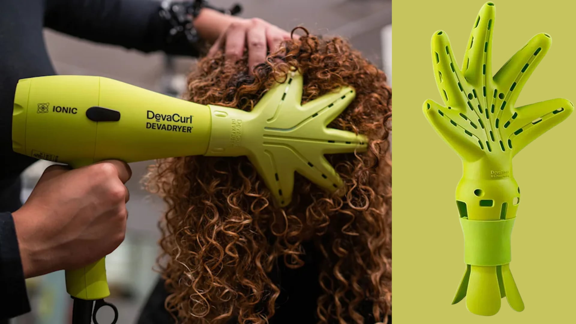 A person uses a green DevaFuser on curly hair, next to the product on a solid background.