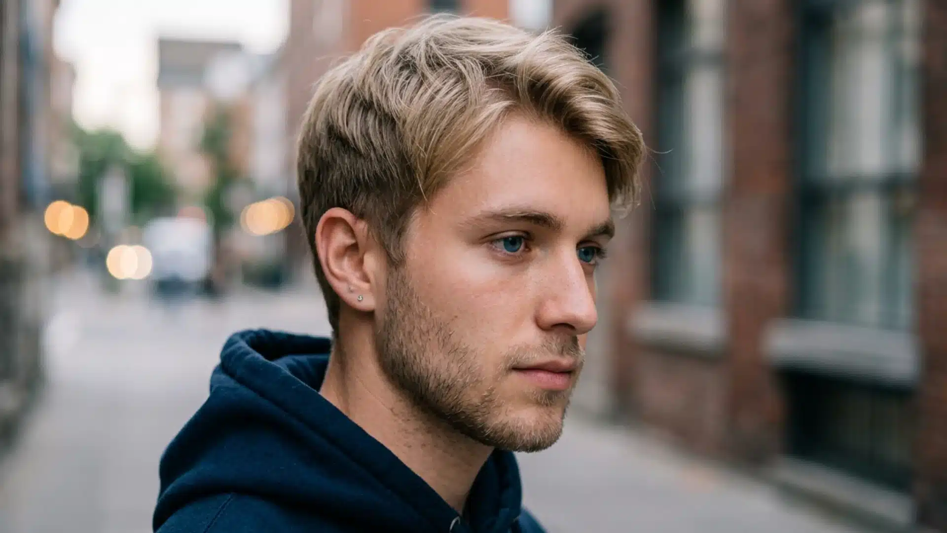 A profile of a blonde man with blue eyes and stubble, looking thoughtfully to the side on a city street