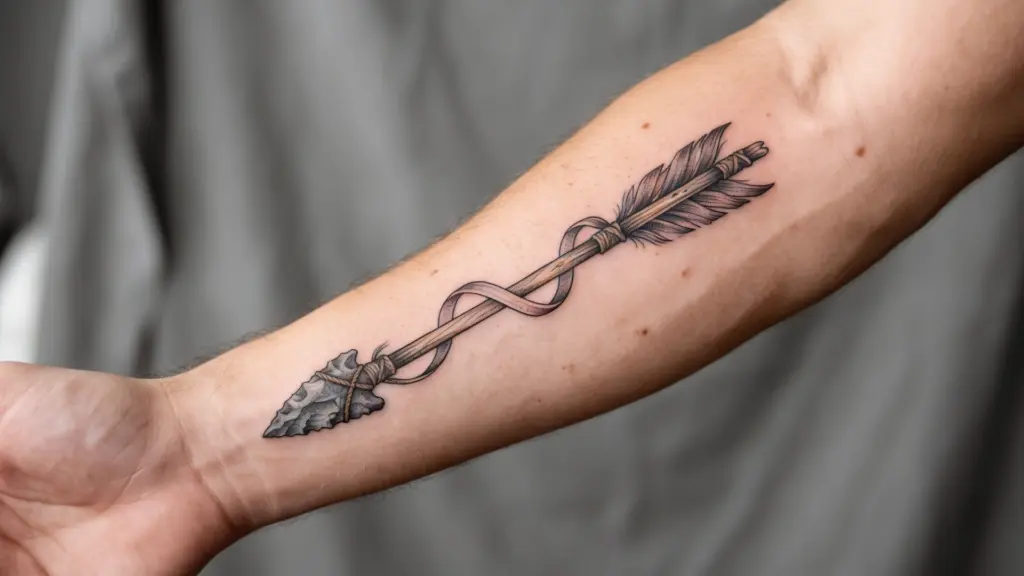 A realistic arrow tattoo with a stone arrowhead on a man's inner forearm, pointing down toward his wrist