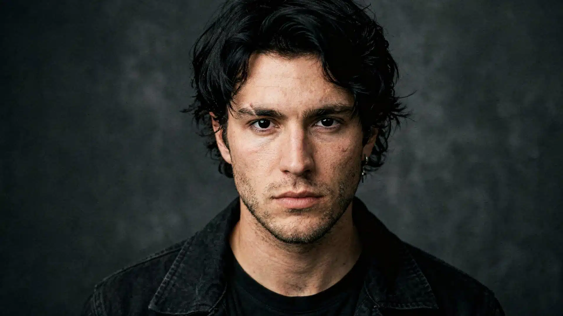 A serious man with dark messy hair and an intense gaze looks forward against a dark textured backdrop