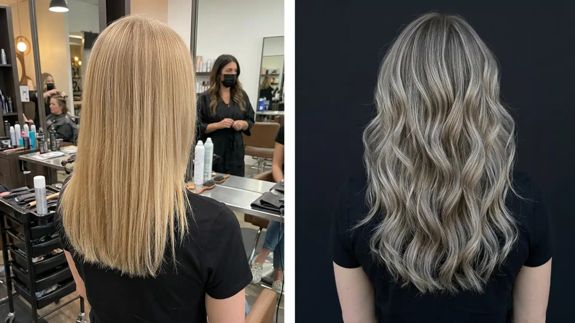 A side-by-side comparison image showing a woman's hair before and after a hair styling or coloring transformation