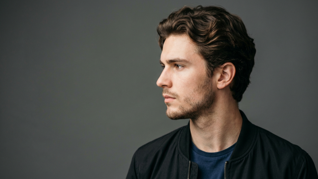 A side profile portrait of a young man with wavy brown hair and stubble, looking to the left against a solid gray background