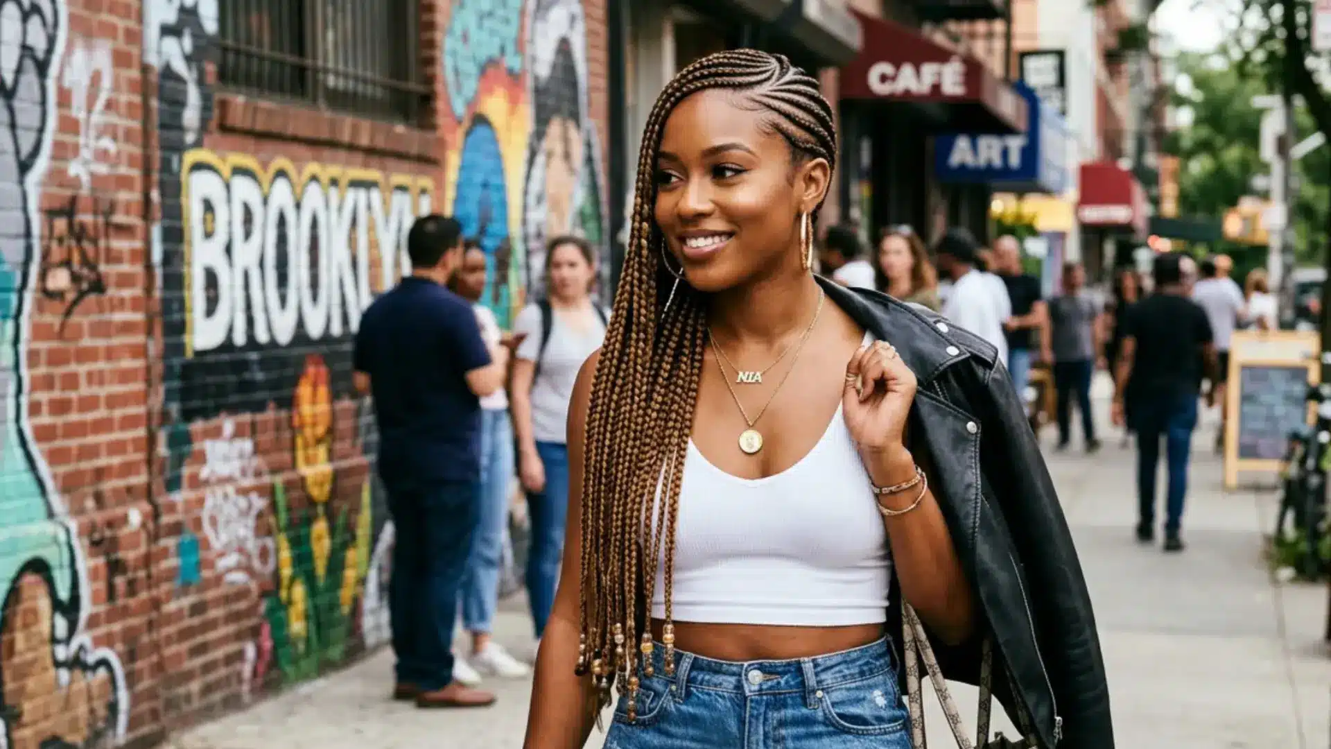 A smiling Black woman walking on a city sidewalk, showcasing long, side-swept feed-in braids with beads