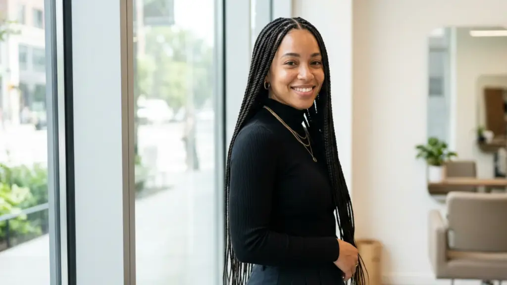 A smiling woman with a center part and very long, dark box braids wearing a black turtleneck