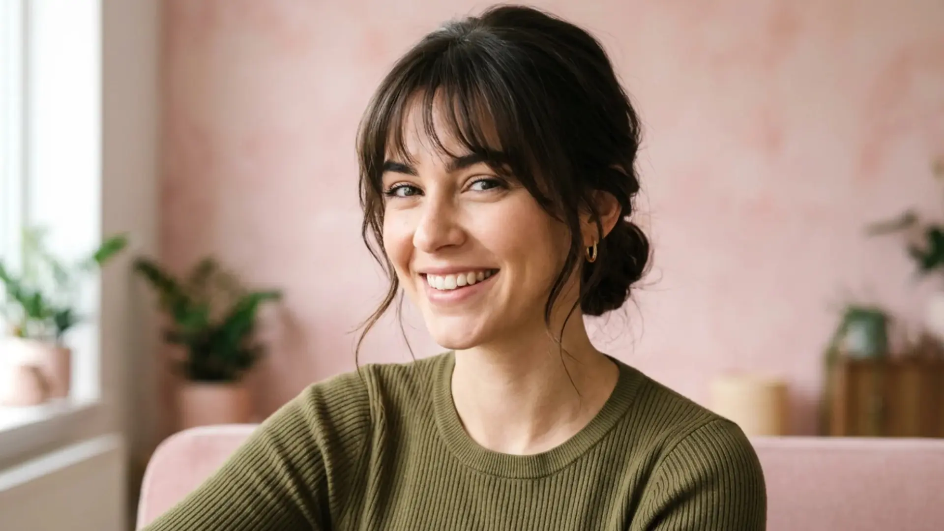 A smiling woman with dark hair in a bun and wispy bangs poses against a pink wall background