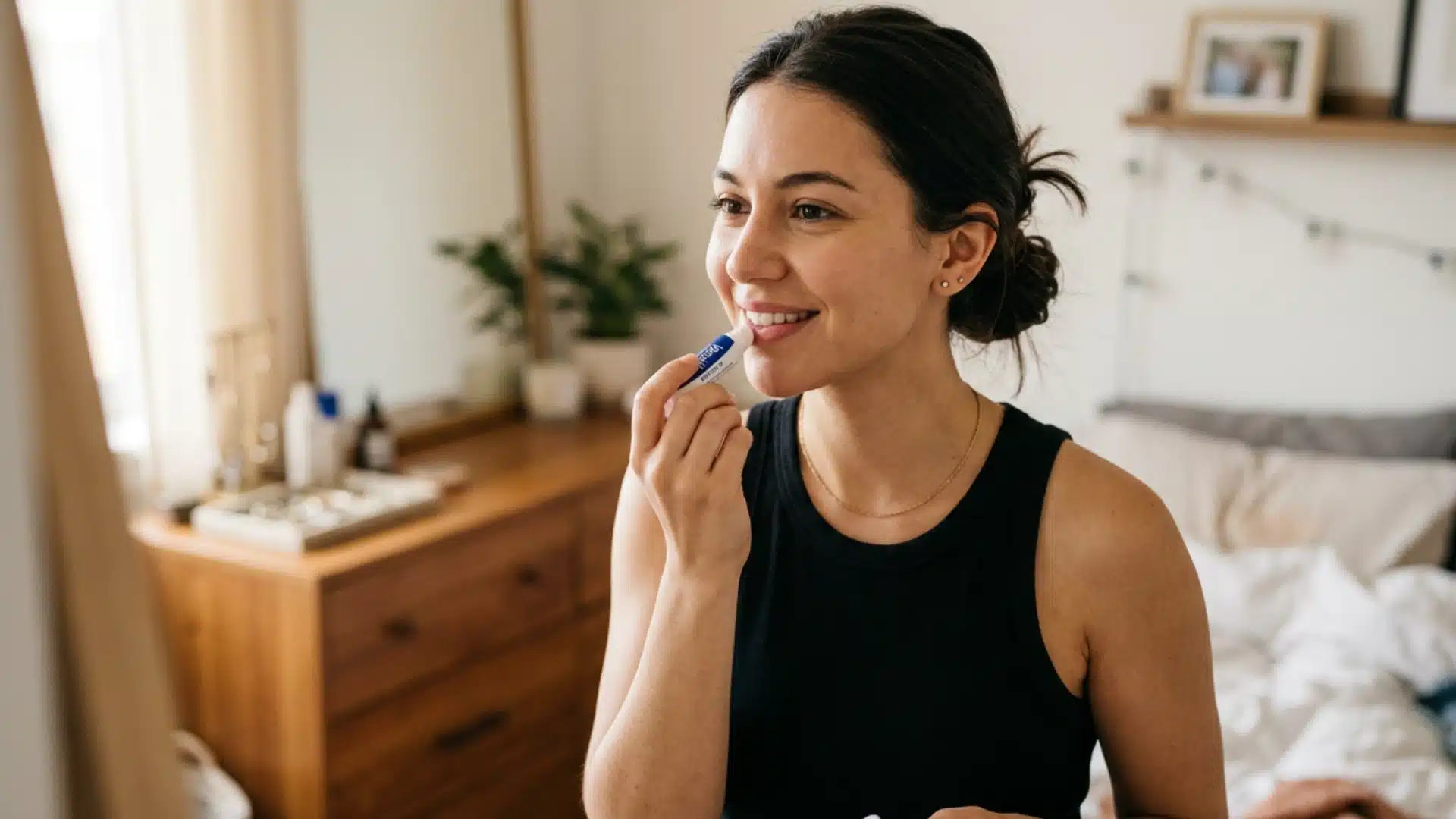 A smiling woman with her hair in a bun applies lip balm to her lips while looking in a bedroom mirror