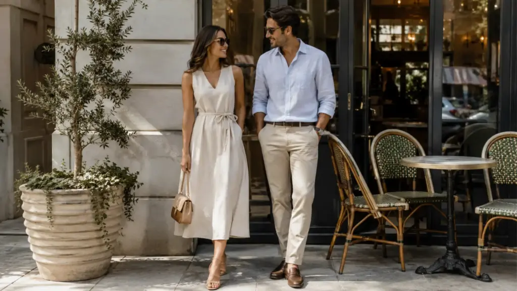 A stylish couple walking past an outdoor cafe in elegant summer outfits in image_02bba1.jpg.