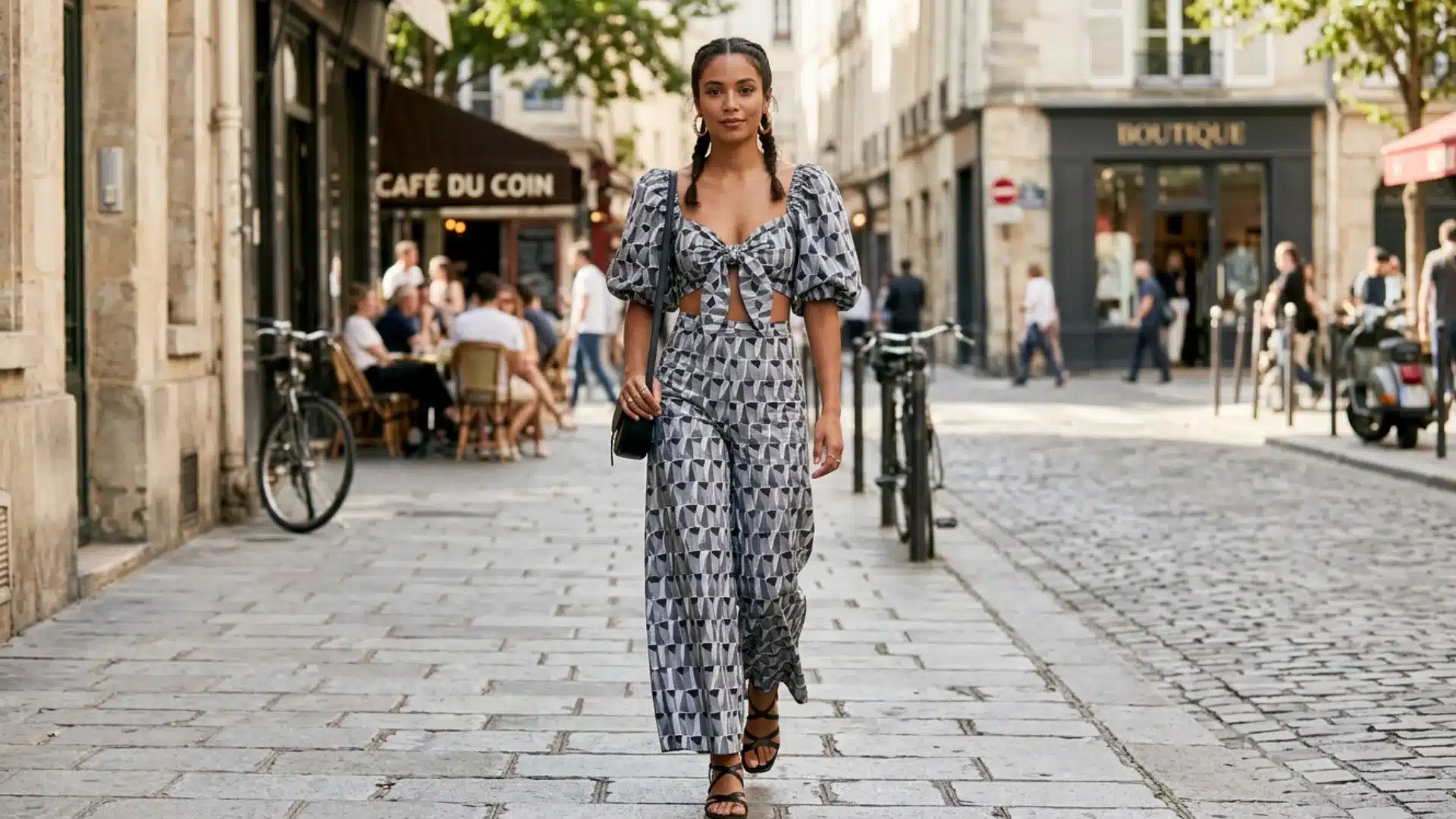 A stylish woman in a patterned two-piece crop top and wide-leg trousers walks down a cobblestone European street