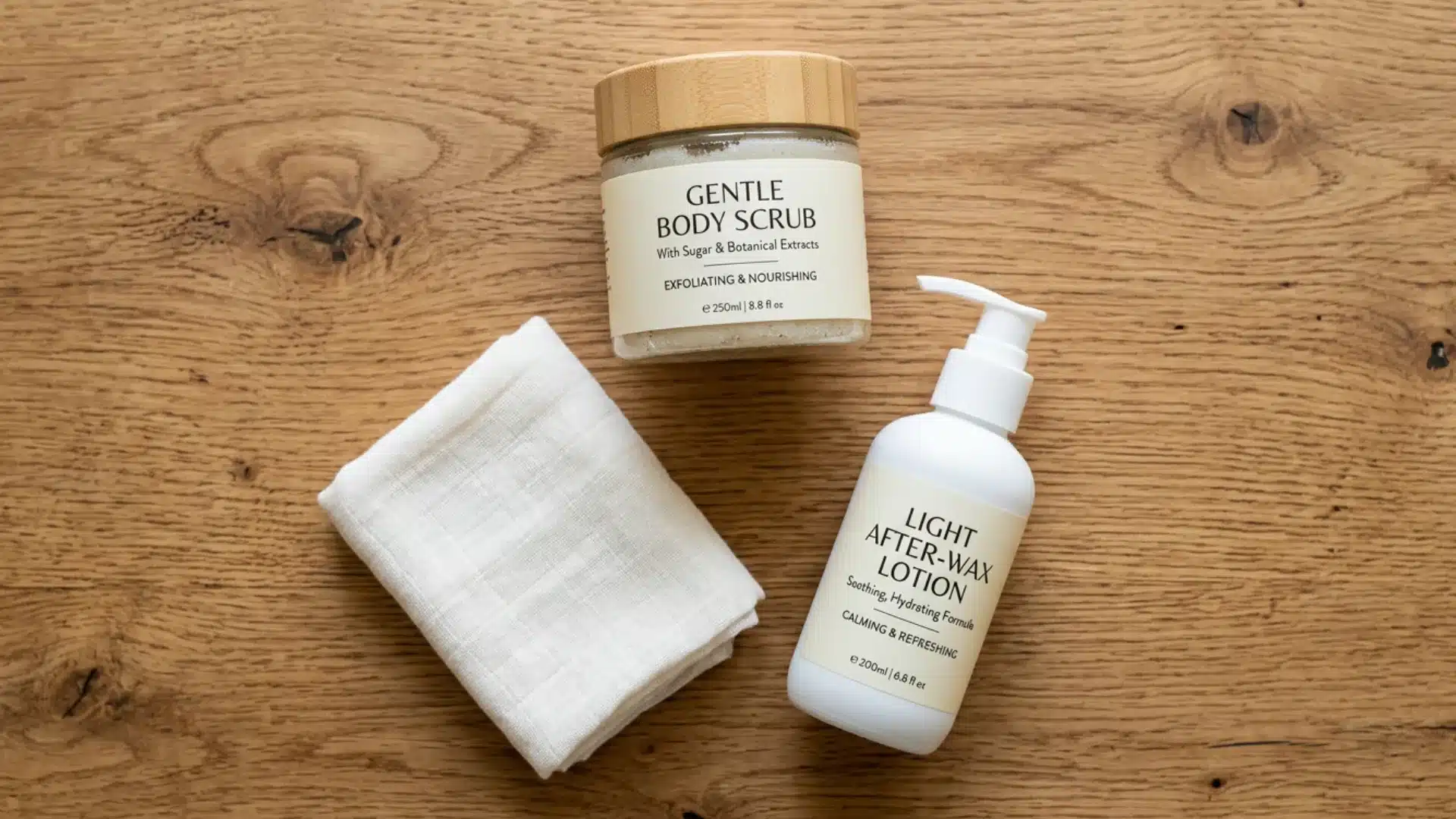 A top-down view of body scrub, after-wax lotion, and a folded white cloth arranged on a wooden background