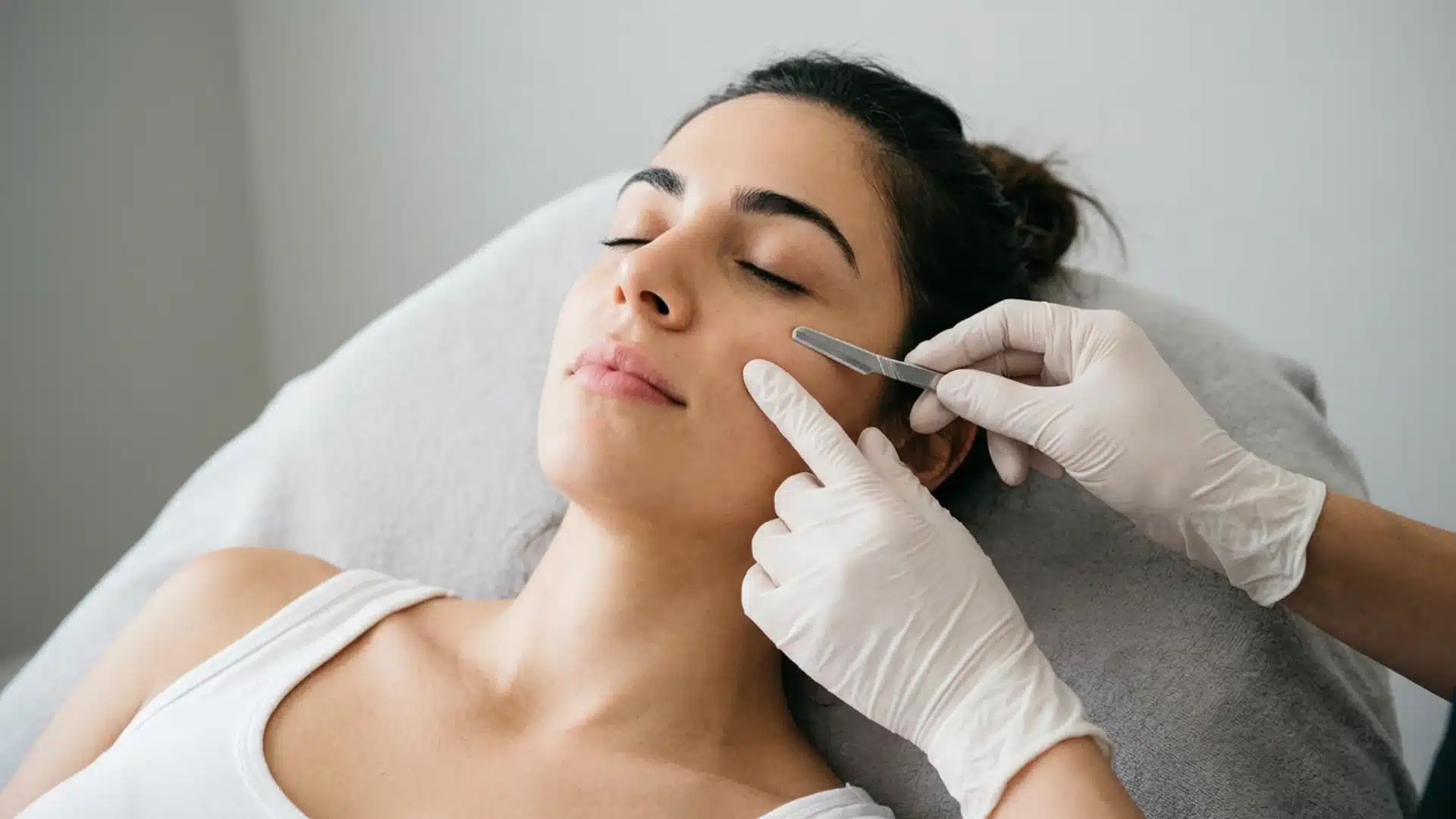 A woman lies back with closed eyes while an aesthetician performs a dermaplaning treatment on her cheek