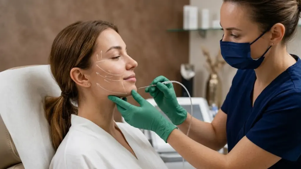 A woman receives a non-invasive face lift from a practitioner using a cannula on her jawline