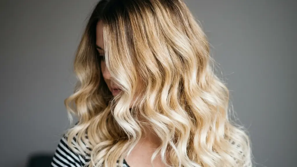 A woman showcasing her long, wavy blonde balayage hair while looking down and slightly to the side