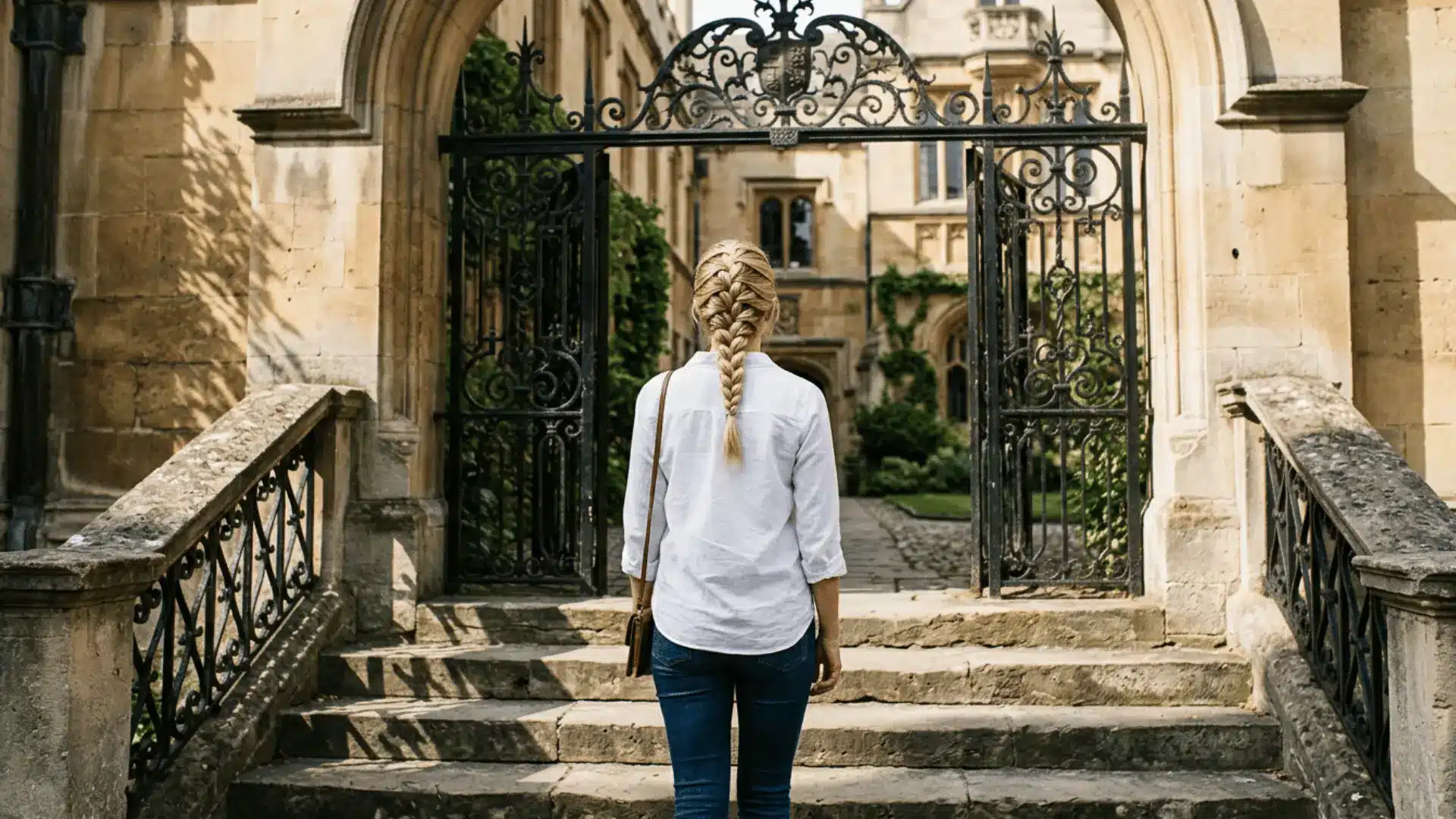 A woman with a long, thick French braid walks up stone steps toward an ornate iron gate on an old campus