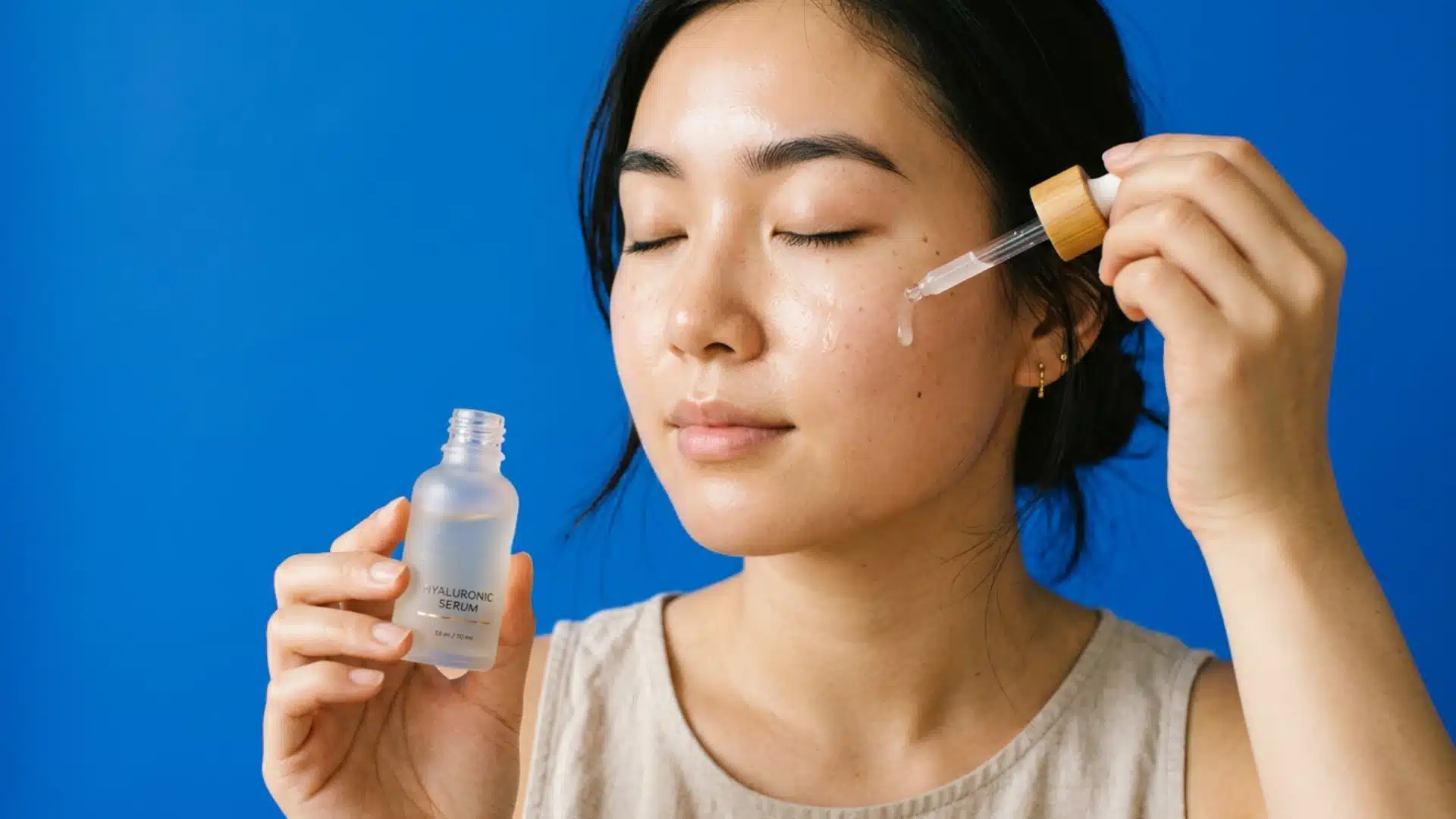 A woman with her eyes closed uses a glass dropper to apply a clear skincare solution to her face from a bottle of Hyaluronic Serum