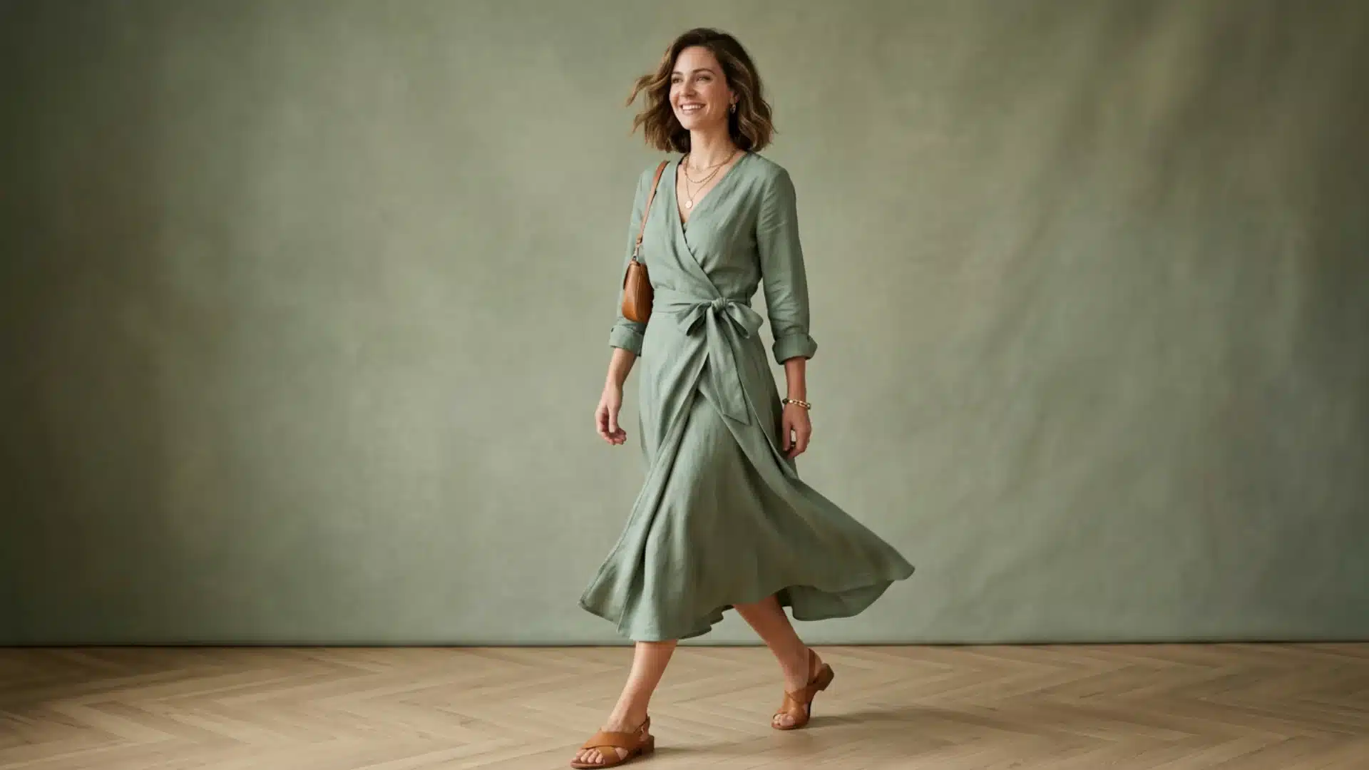 A wrap dress with a tied waist and draped neckline.