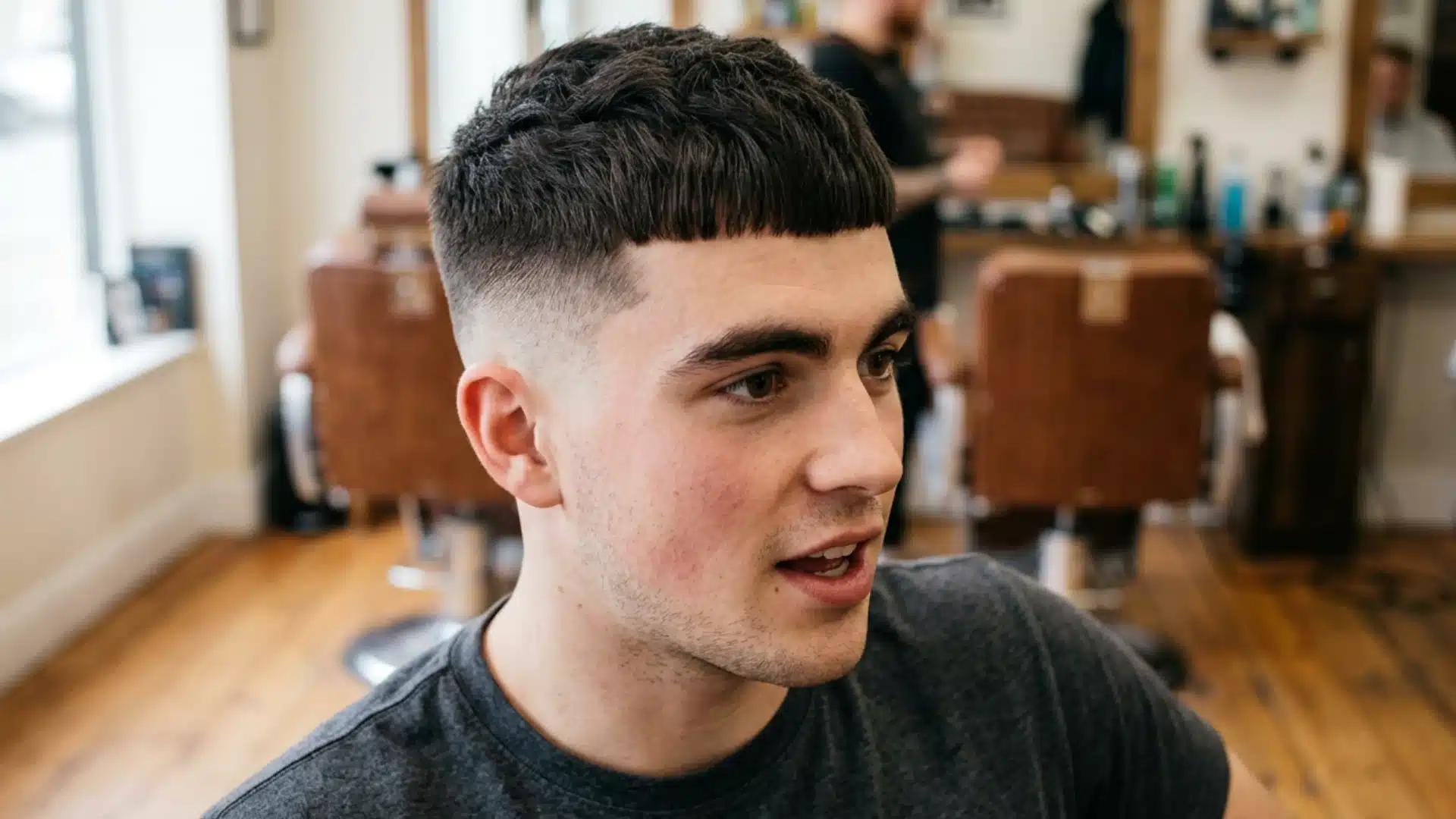 A young man with a precise French crop haircut and a clean skin fade inside a classic barbershop