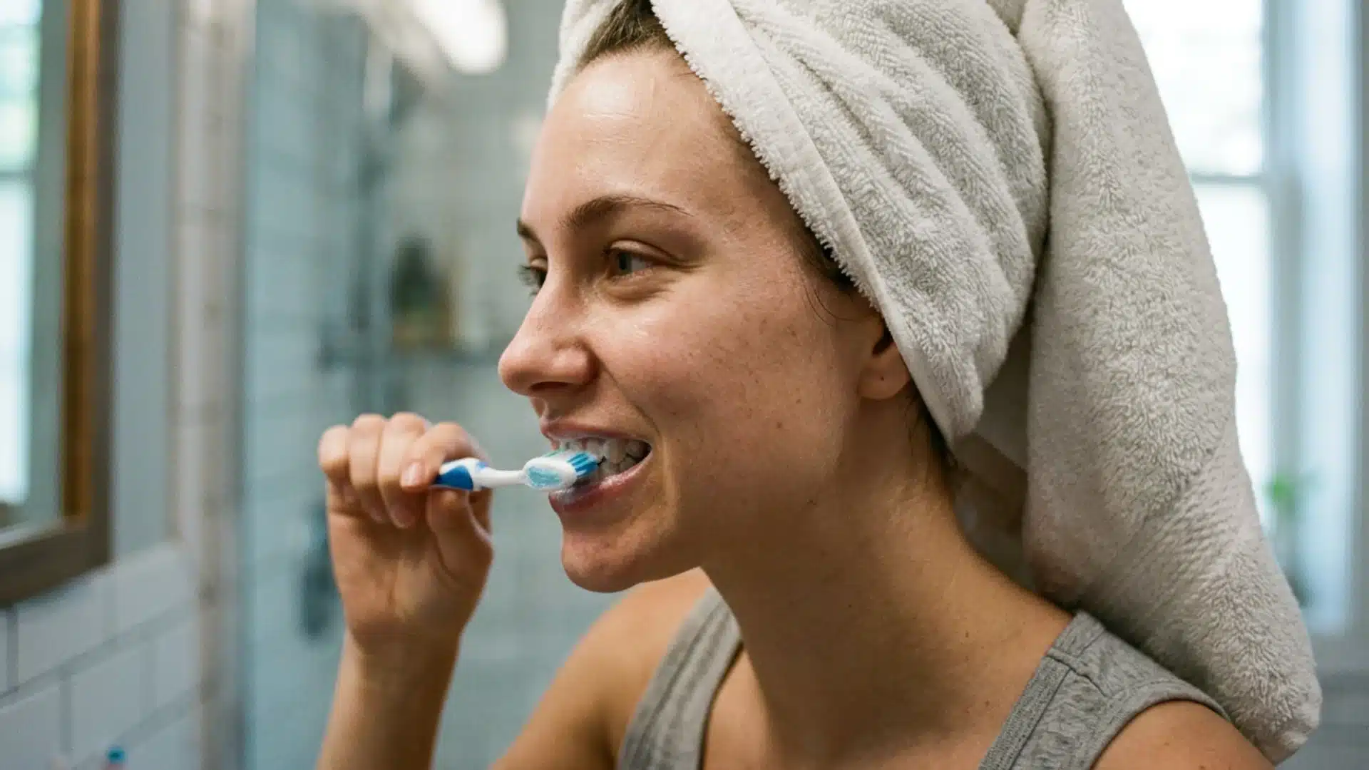 A young woman with a white towel wrapped around her hair brushing her teeth in a bathroom mirror