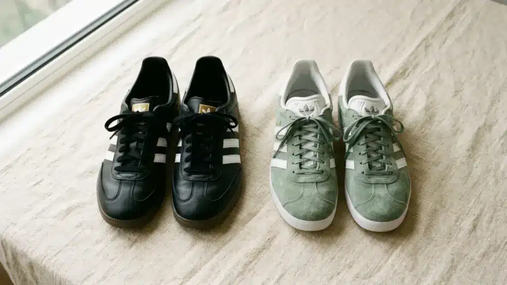 Adidas Gazelle vs Samba sneakers side by side on cream linen surface showing suede and leather comparison