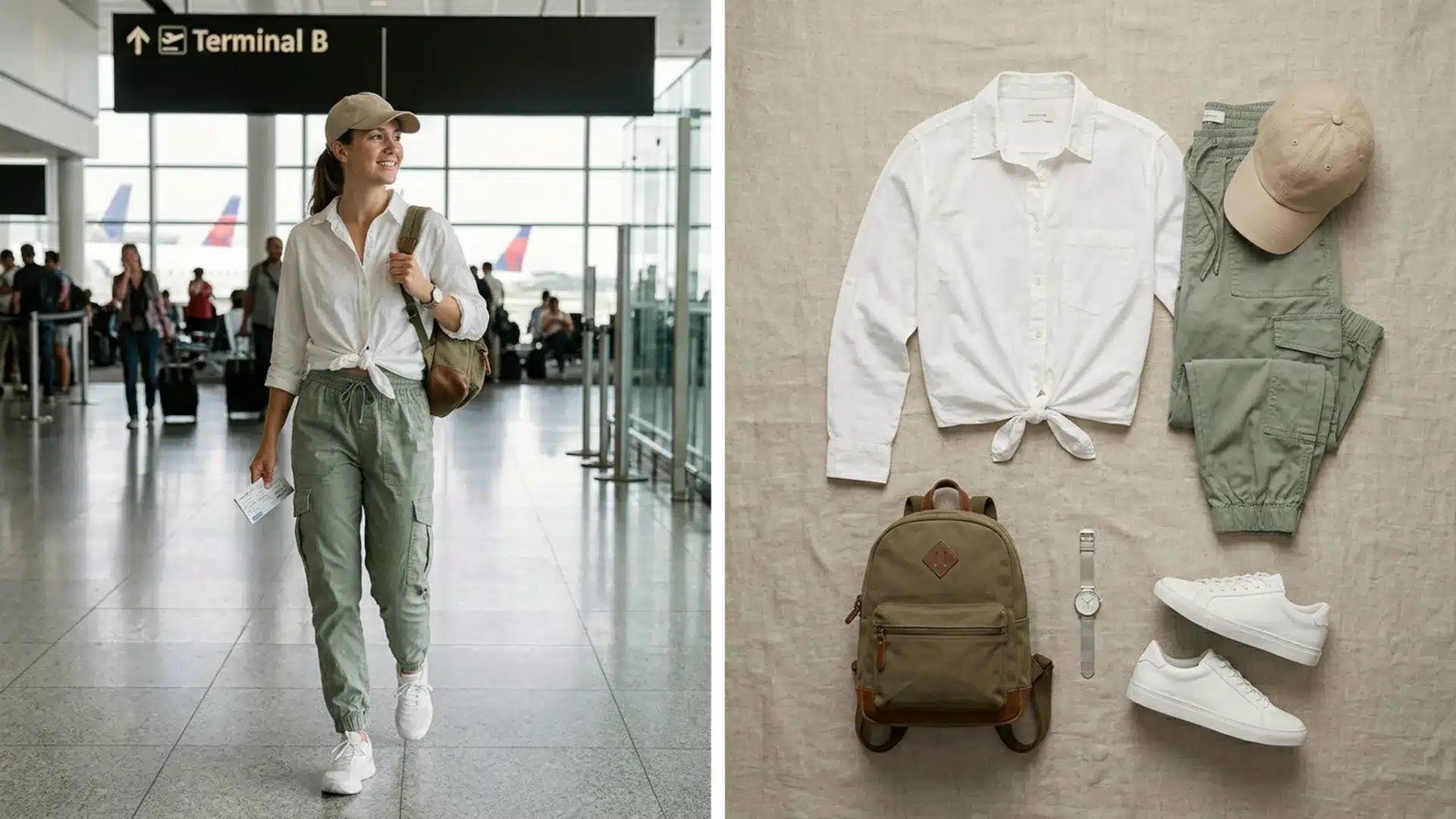 Airport outfit with cargo pants and knotted shirt