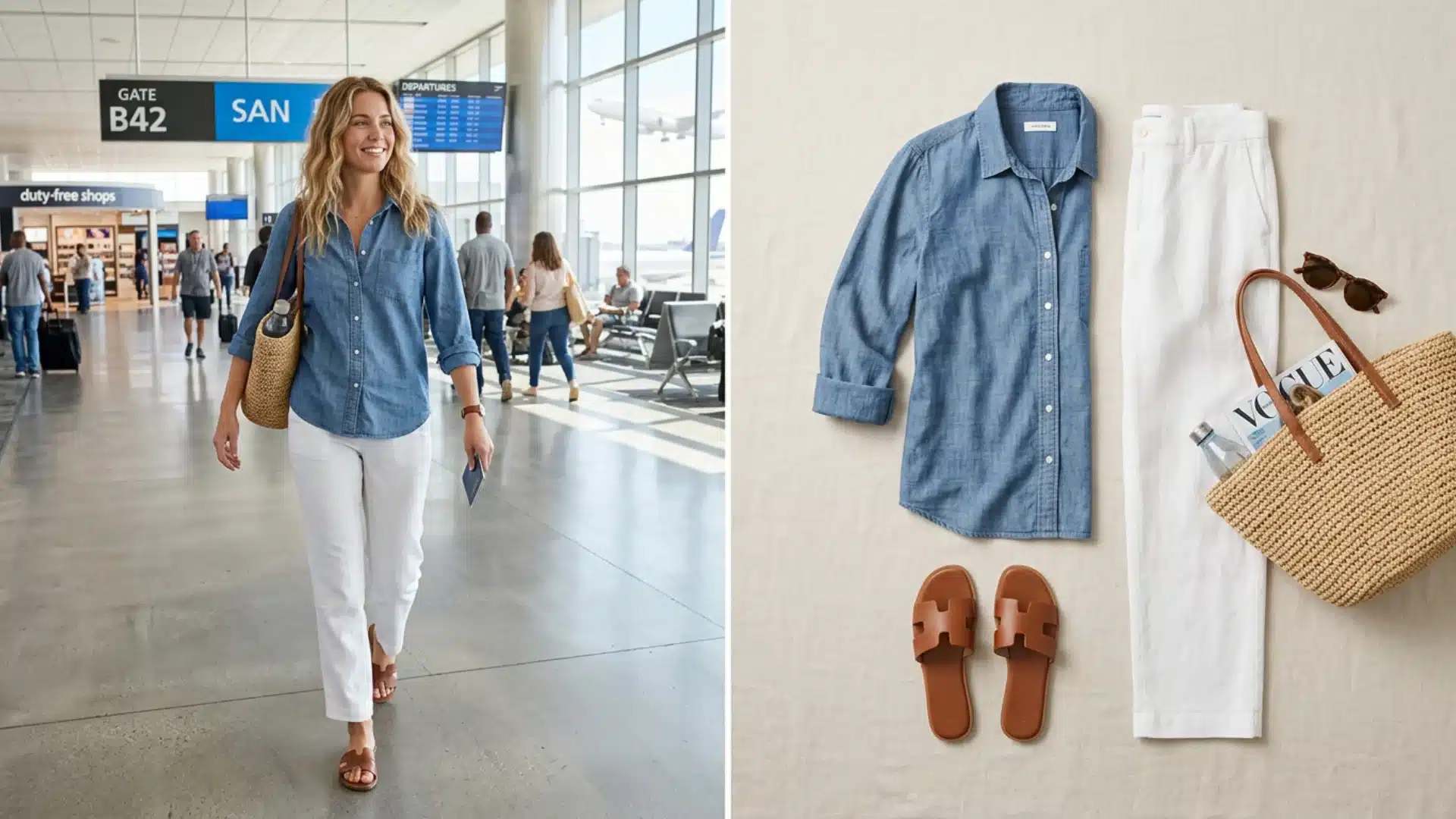 Airport outfit with chambray shirt and linen pants