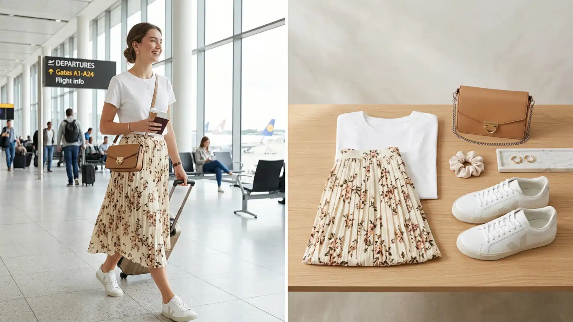 Airport outfit with flowy midi skirt and white tee