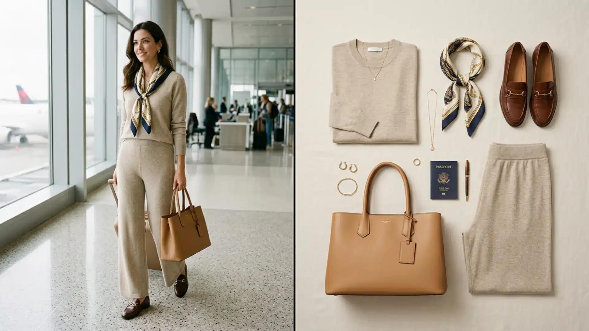 Airport outfit with knit co-ord set and loafers