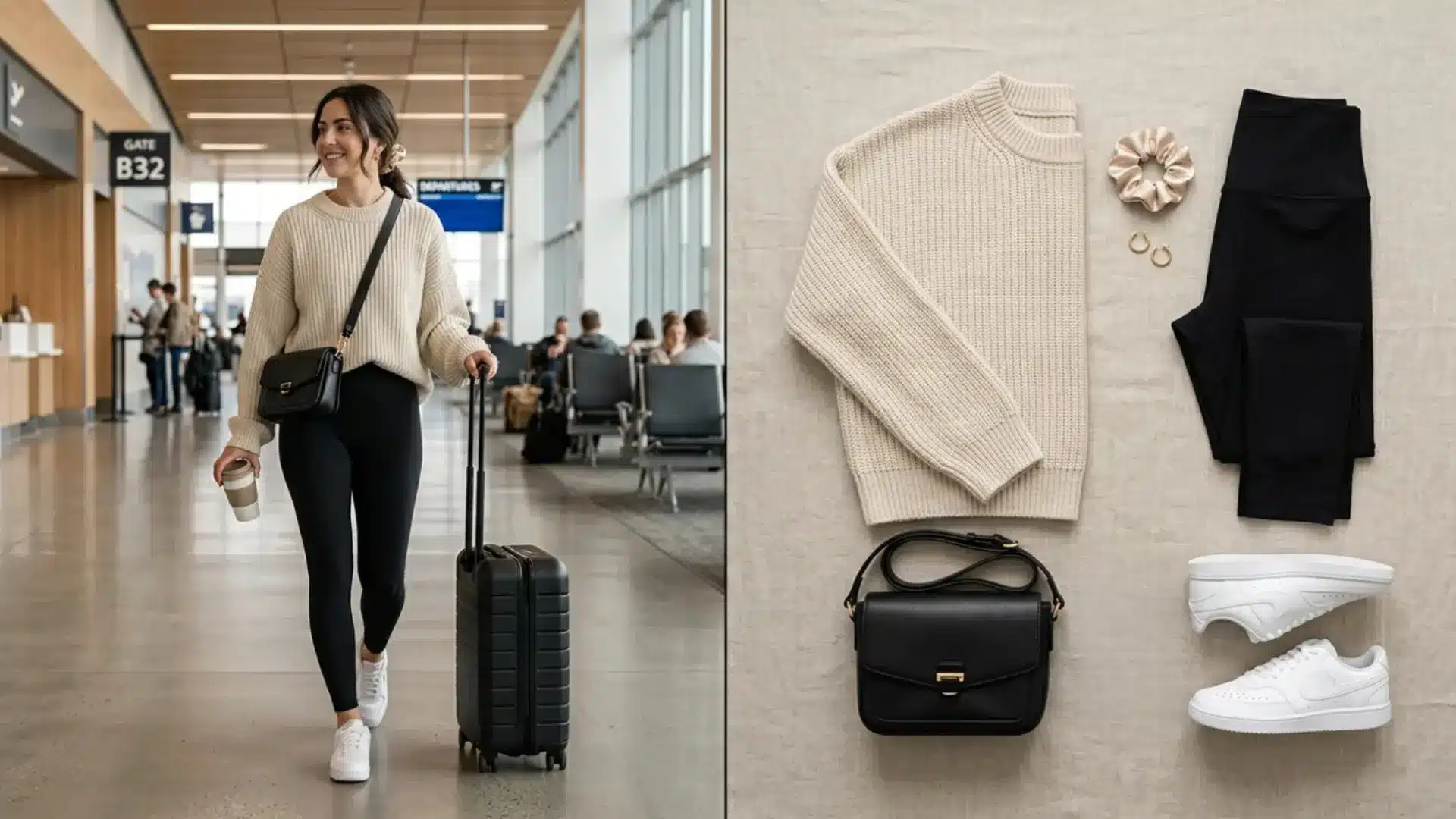 Airport outfit with leggings and oversized knit sweater