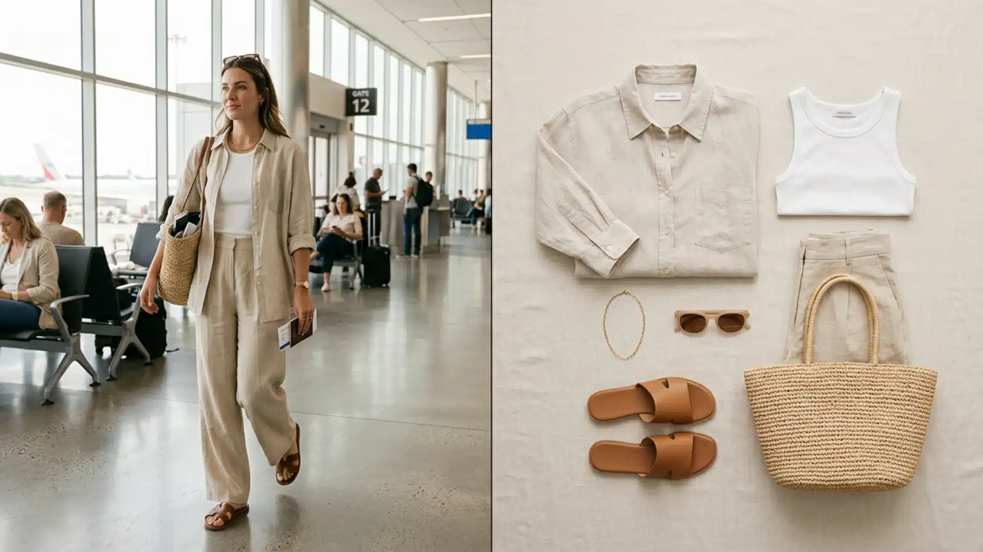 Airport outfit with linen matching set and straw tote