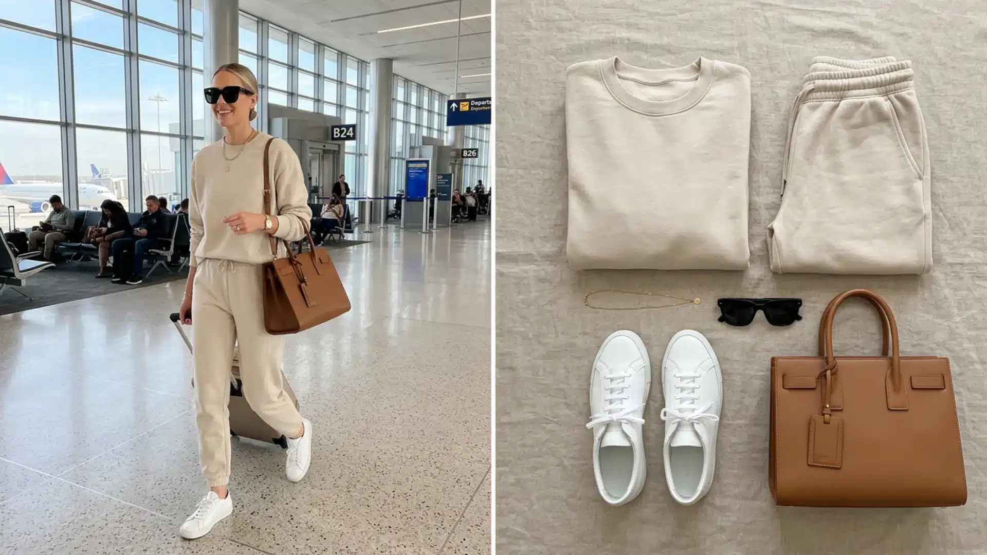 Airport outfit with monochrome soft sweatsuit