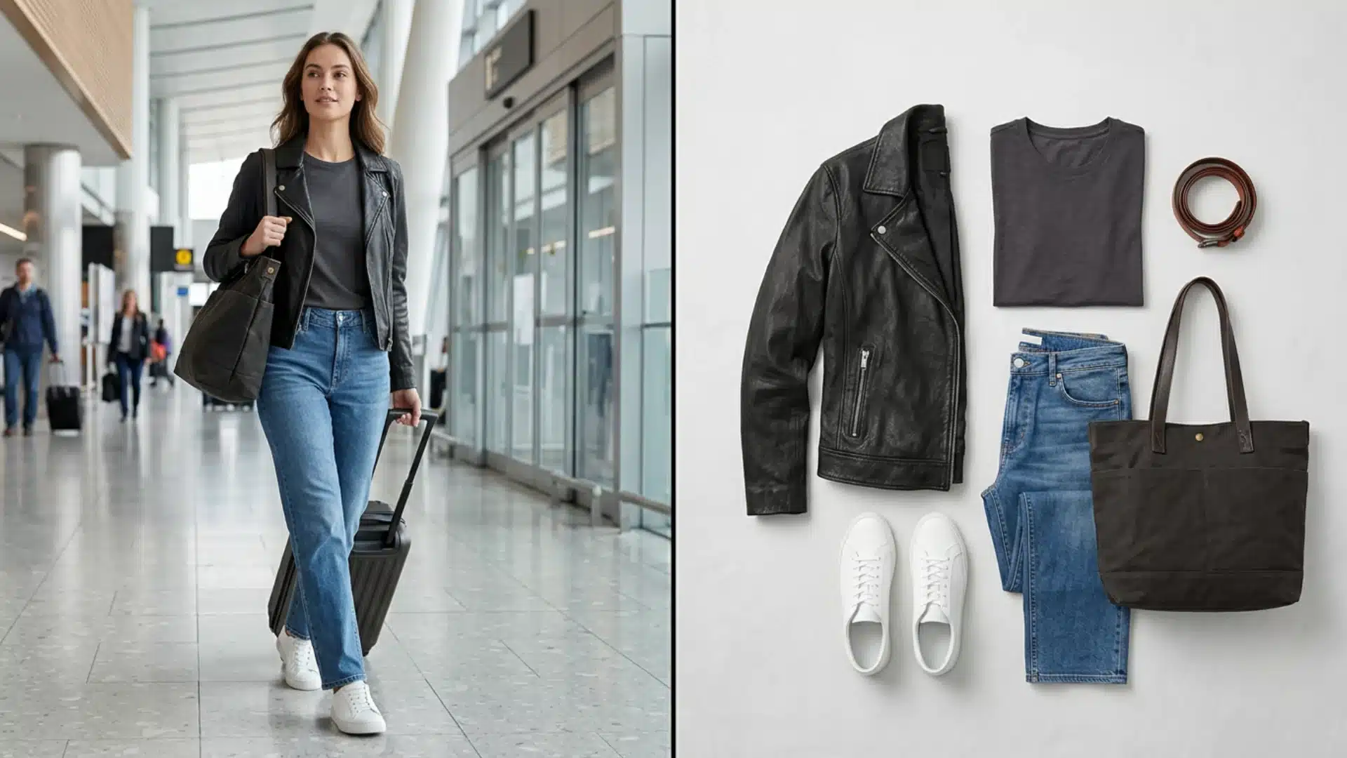 Airport outfit with stretch denim and leather jacket