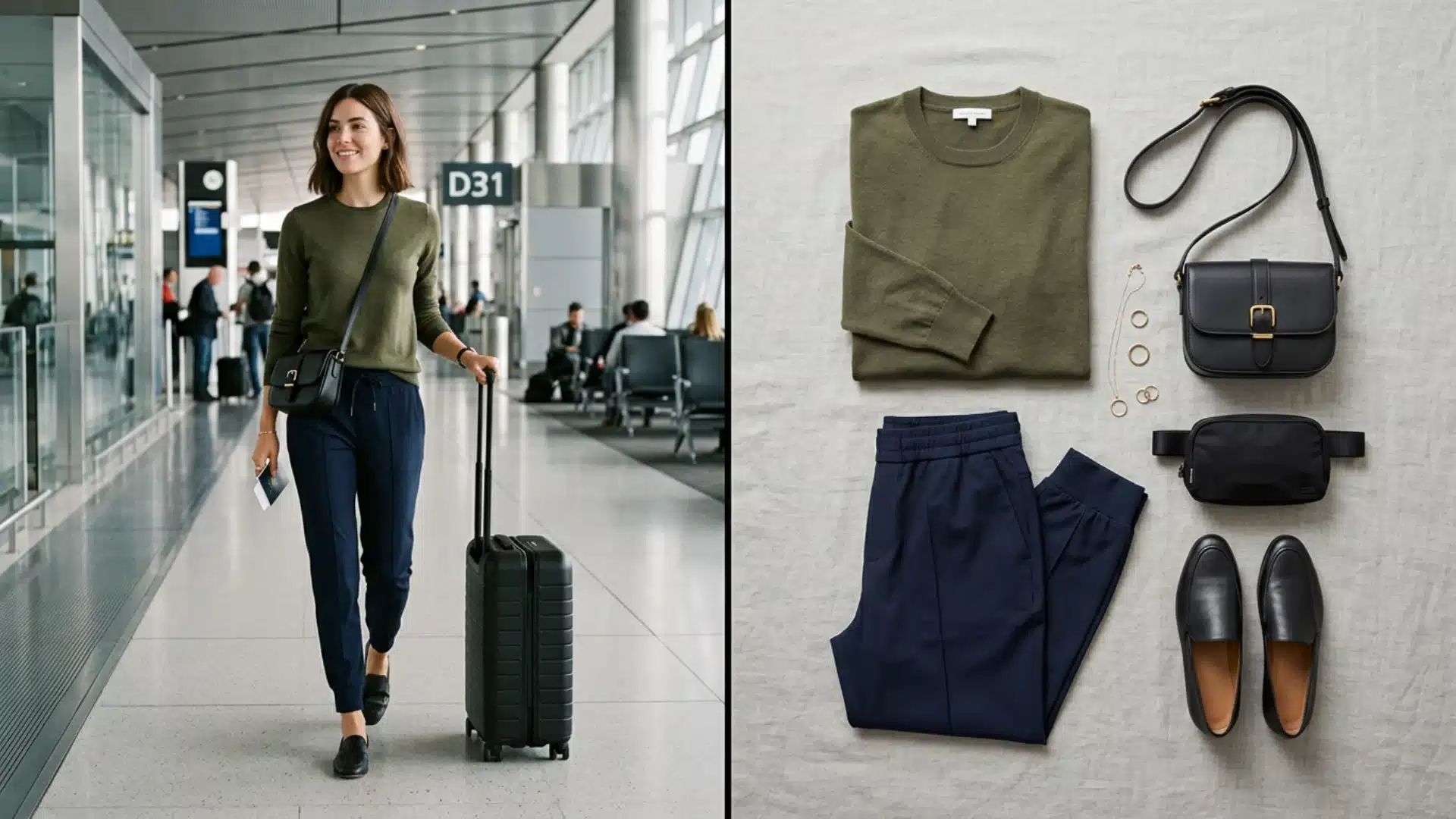 Airport outfit with tailored joggers and knit pullover