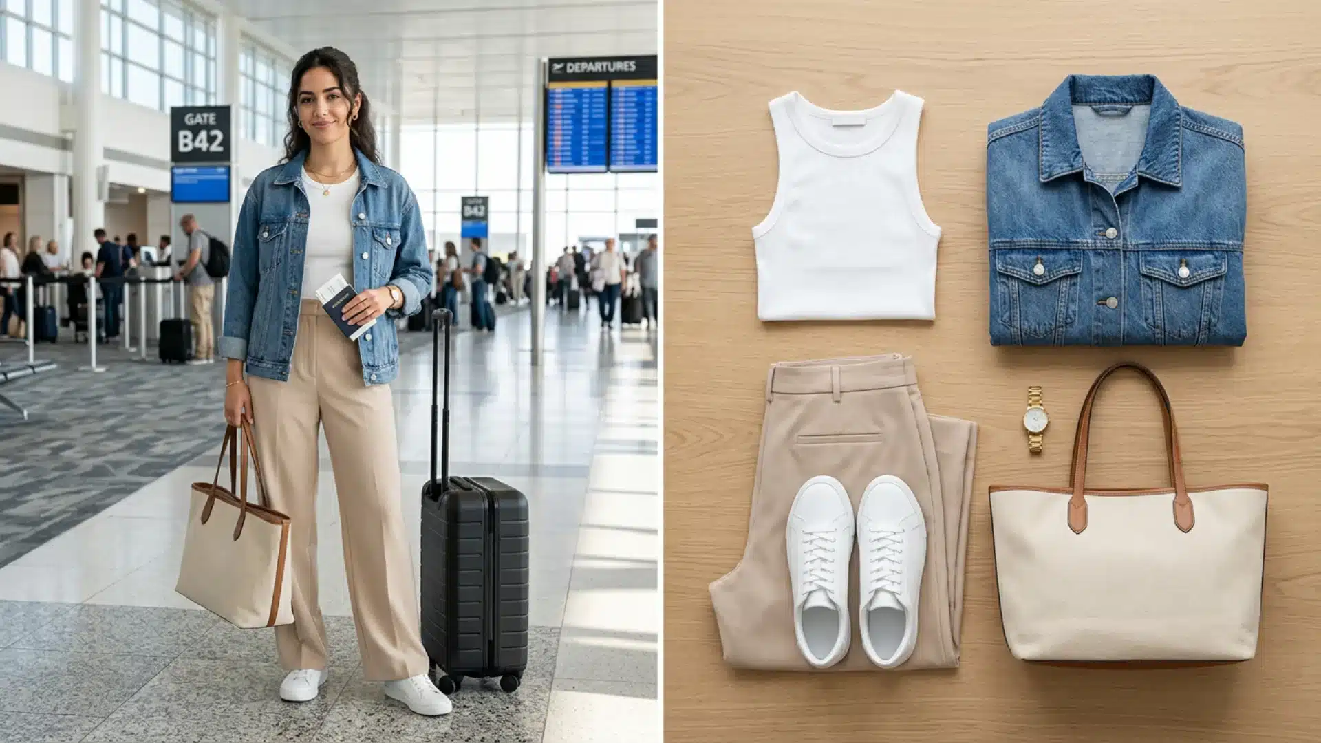 Airport outfit with wide-leg trousers and denim jacket