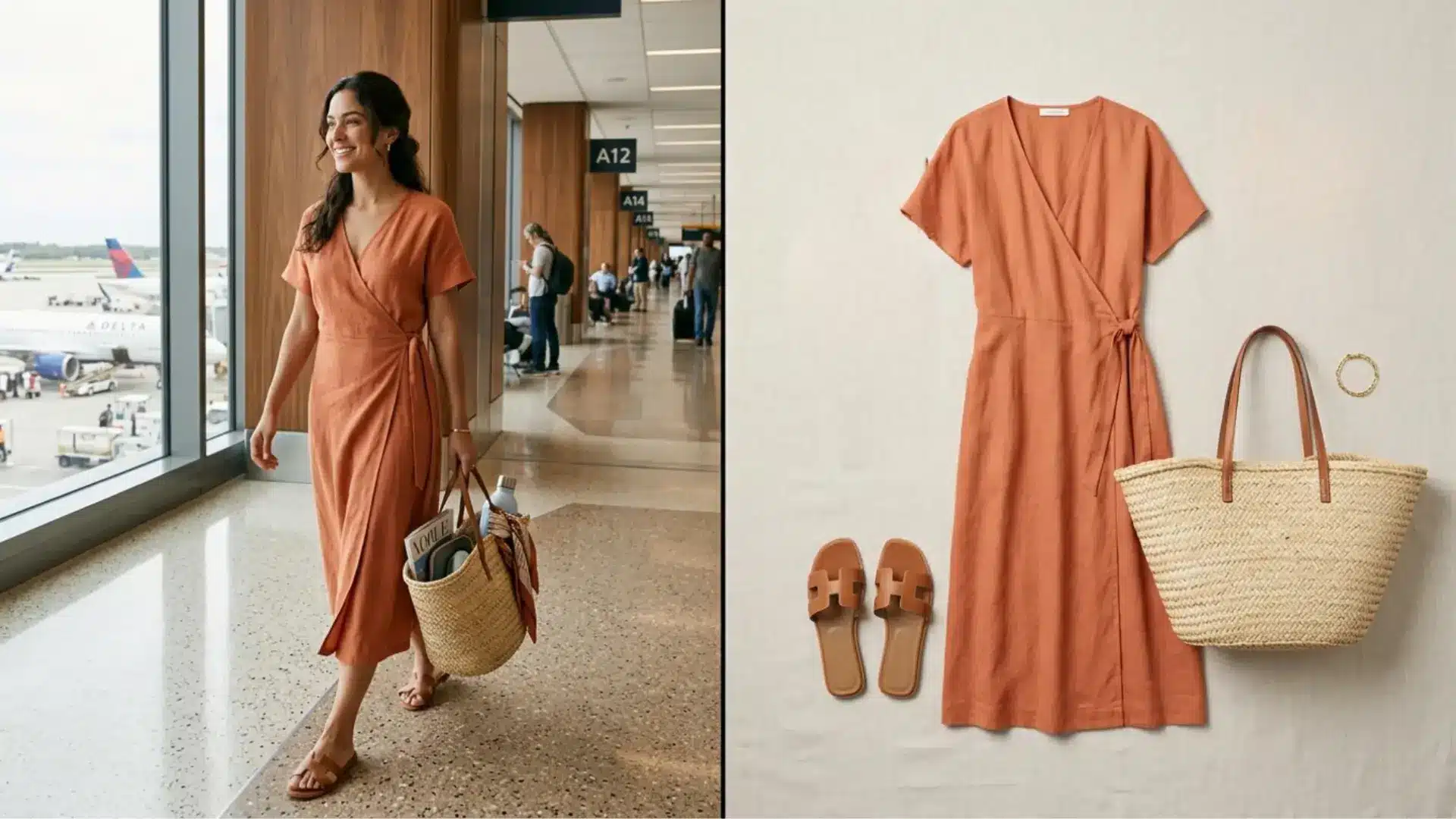 Airport outfit with wrap dress and slide sandals