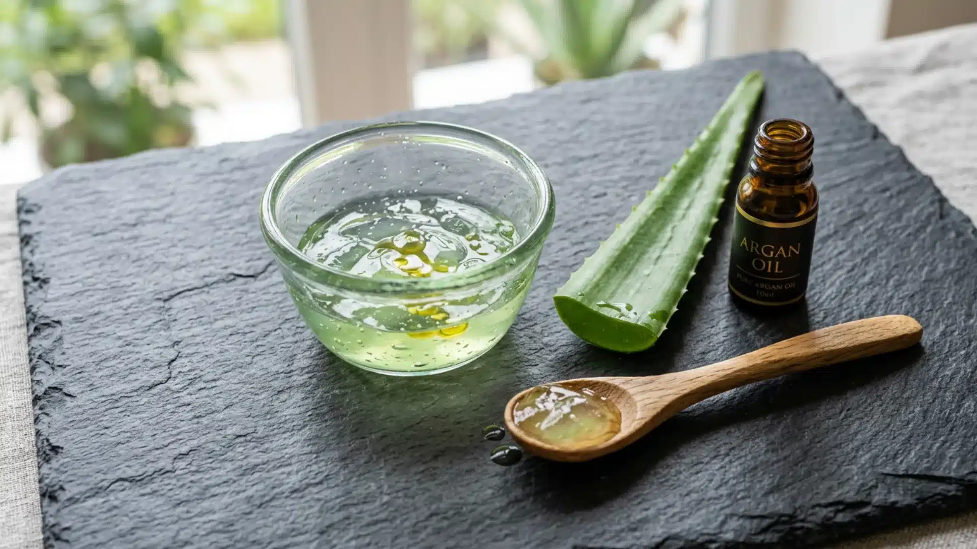 Aloe vera and argan oil lightweight hair mask on slate