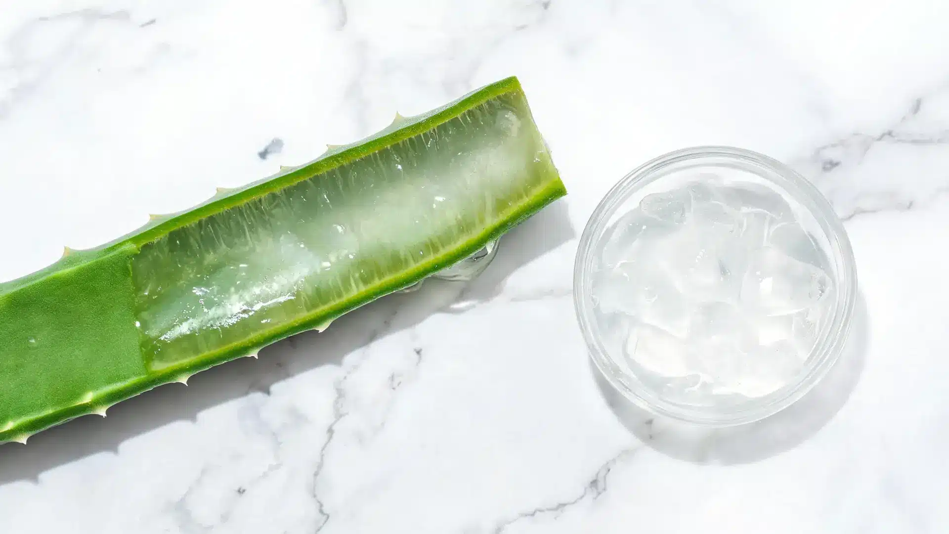 Aloe vera leaf and clear gel on a marble surface.