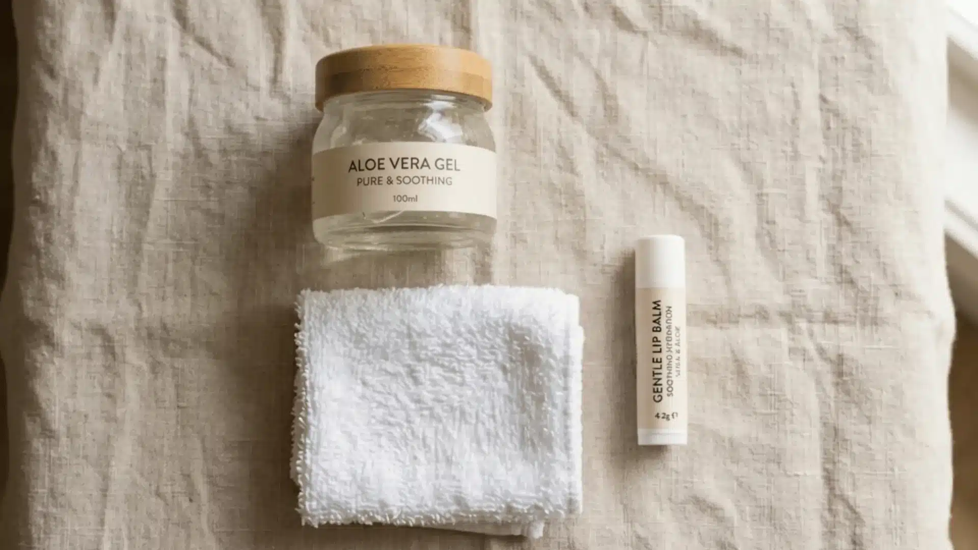 Aloe vera gel jar, soft towel, and gentle lip balm arranged on fabric, suggesting soothing sunburned lip care