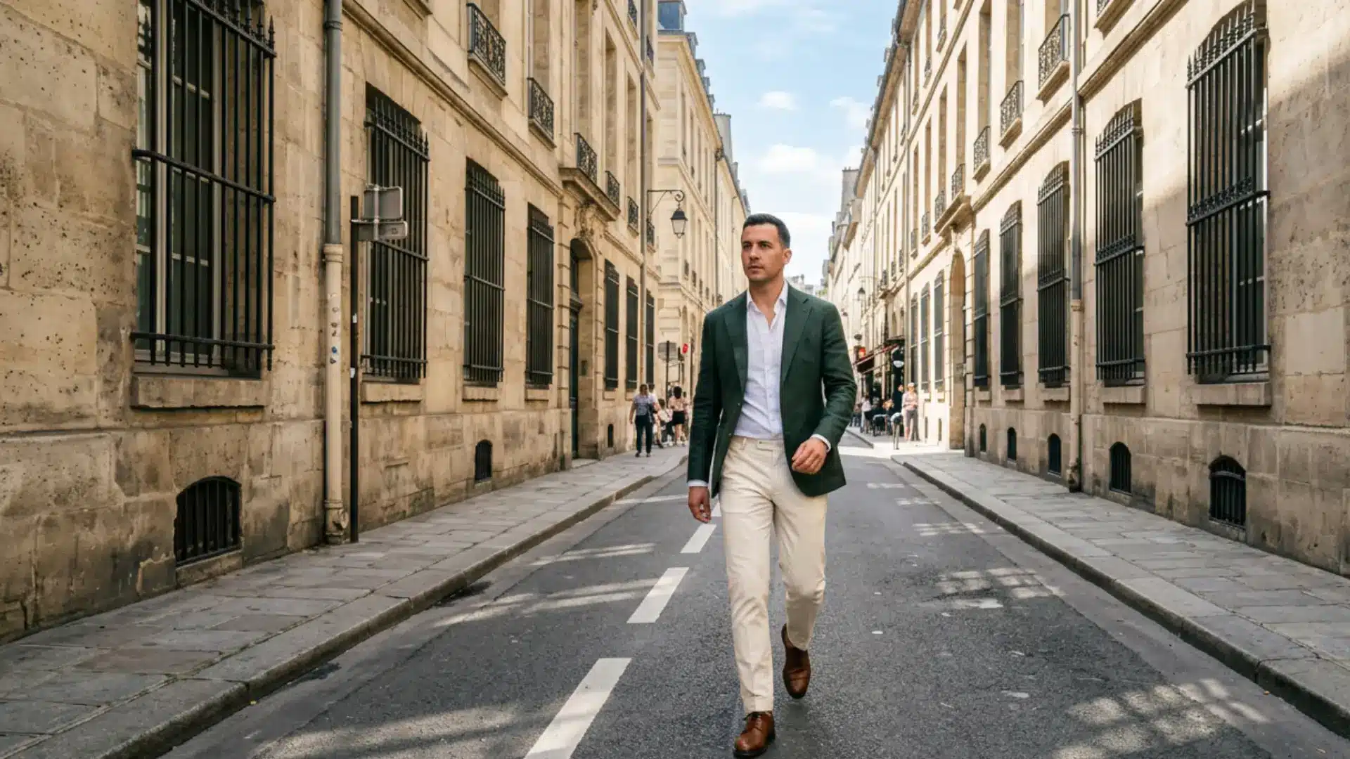 A man in a green blazer and cream trousers walks down a narrow European street pg.
