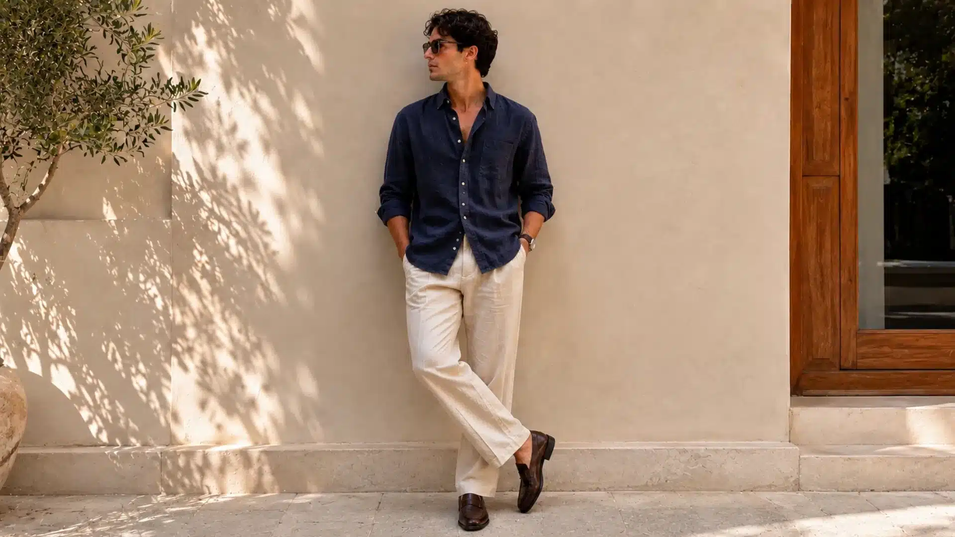 A man in a navy shirt and cream trousers leaning against a wall in image_039900.jpg.