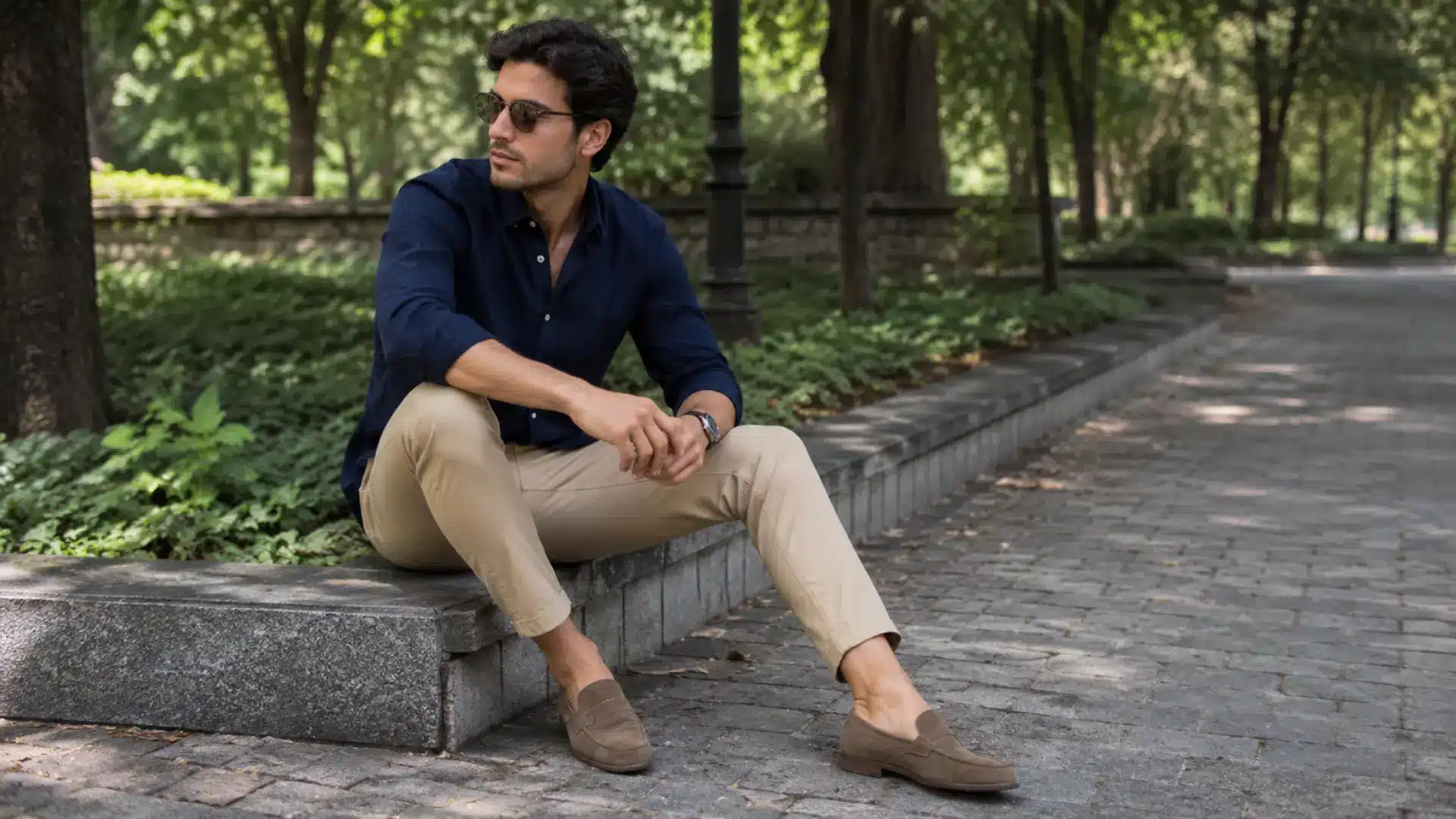 A man wearing a navy shirt, sunglasses, and khaki pants sits in a park in