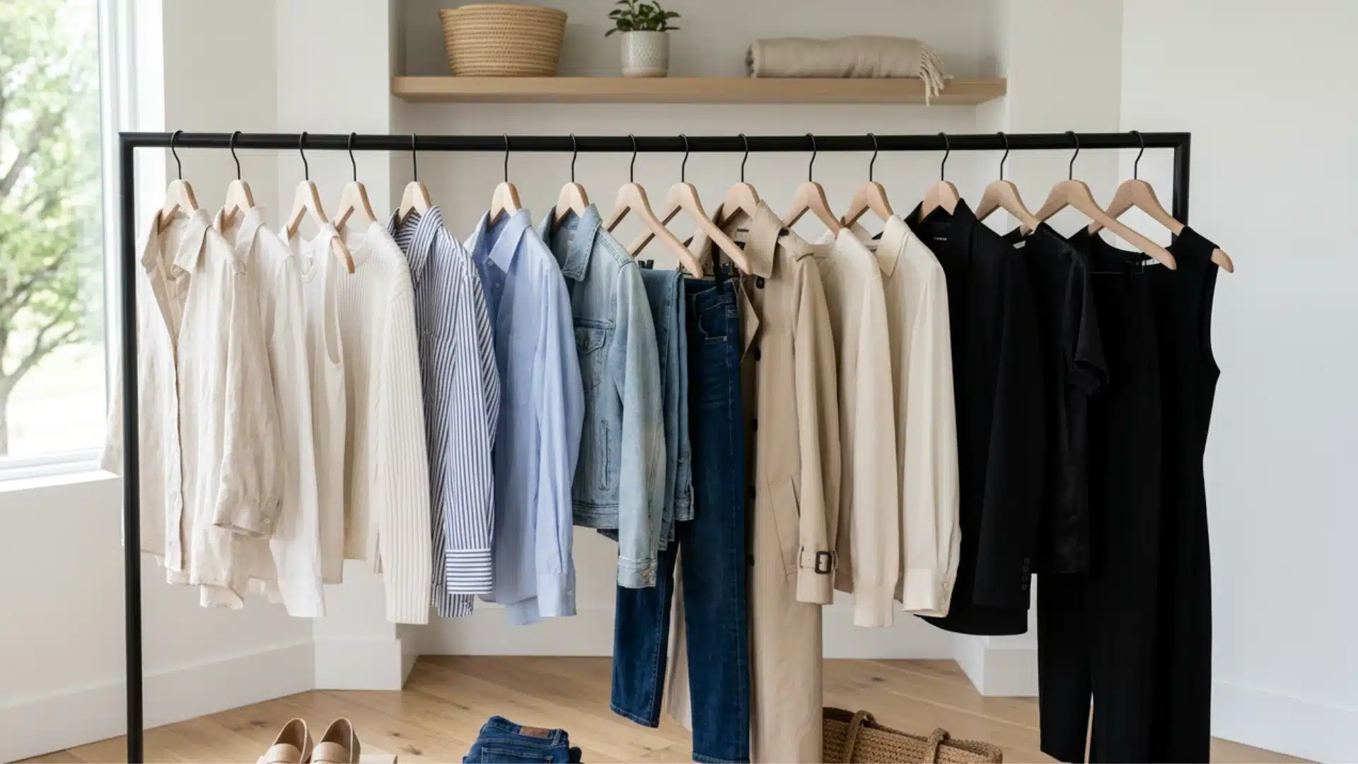 A minimal black clothing rack neatly displays a capsule wardrobe in neutral, blue, and black tones