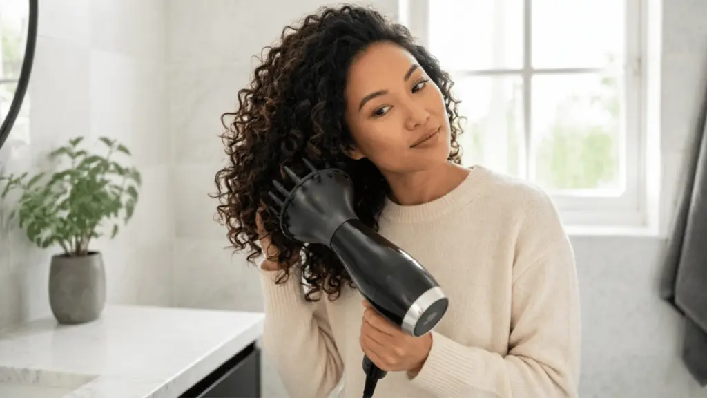 An East Asian woman with curly hair uses a diffuser hair dryer in a bright bathroom with a plant in the background