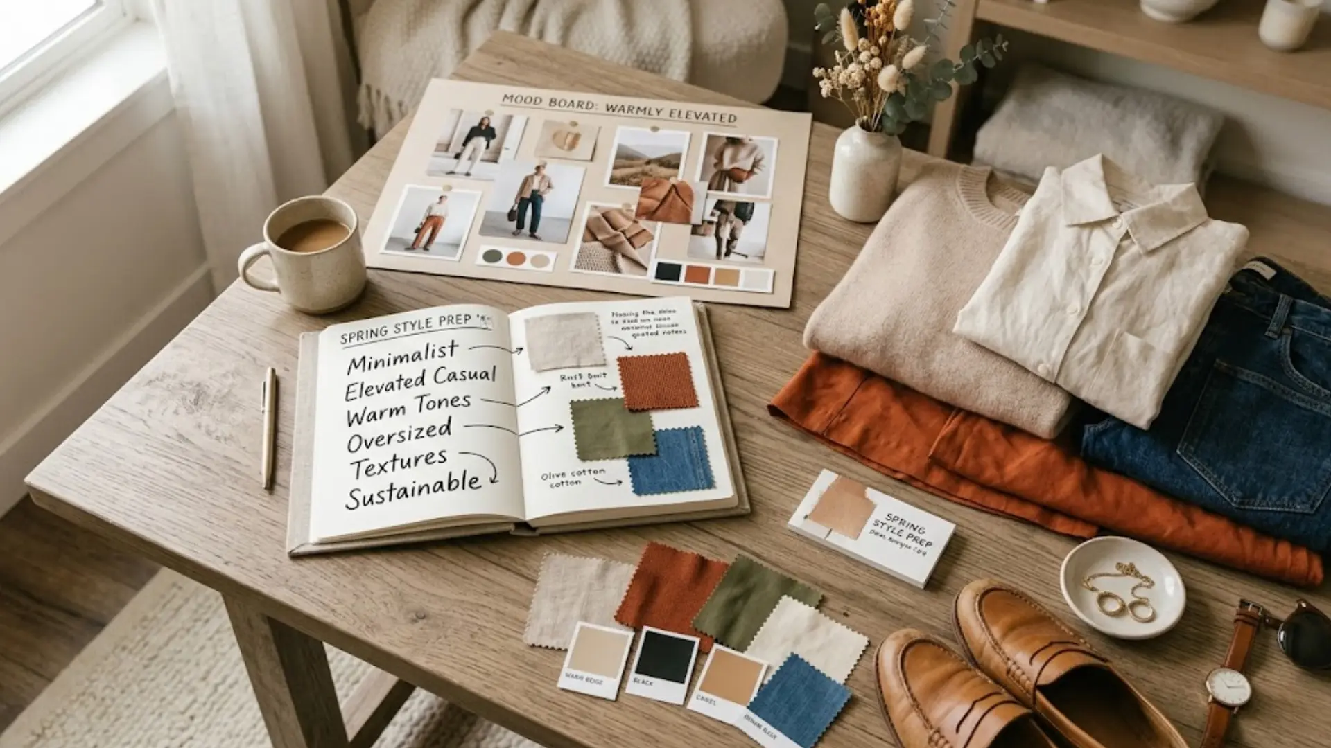 An editorial fashion flat lay featuring a mood board, style notebook, folded clothes, and loafers on a wooden table