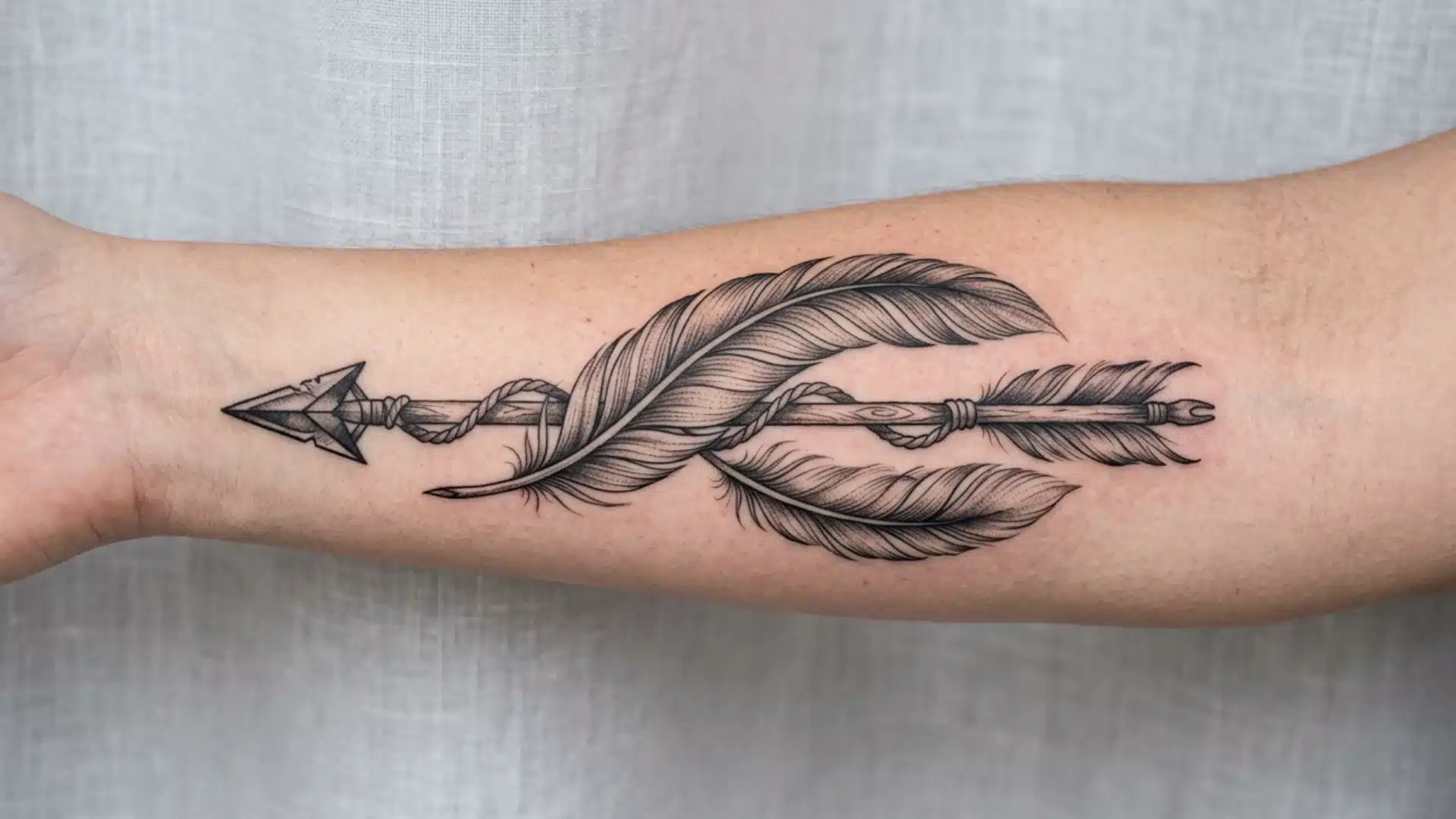An intricate arrow tattoo wrapped with two large feathers on an inner forearm, pointing toward the wrist