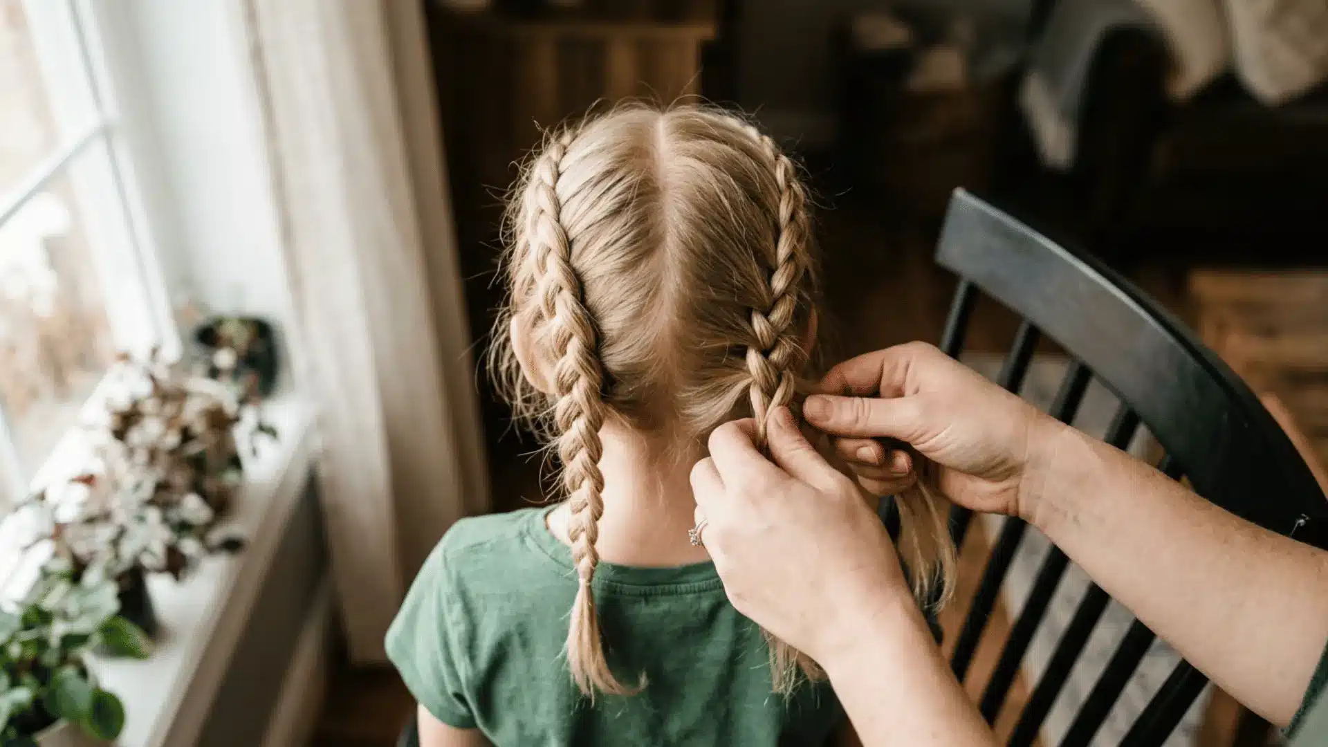 An overhead, rear view of a young girl having her blonde hair braided into two pigtail braids by an adult